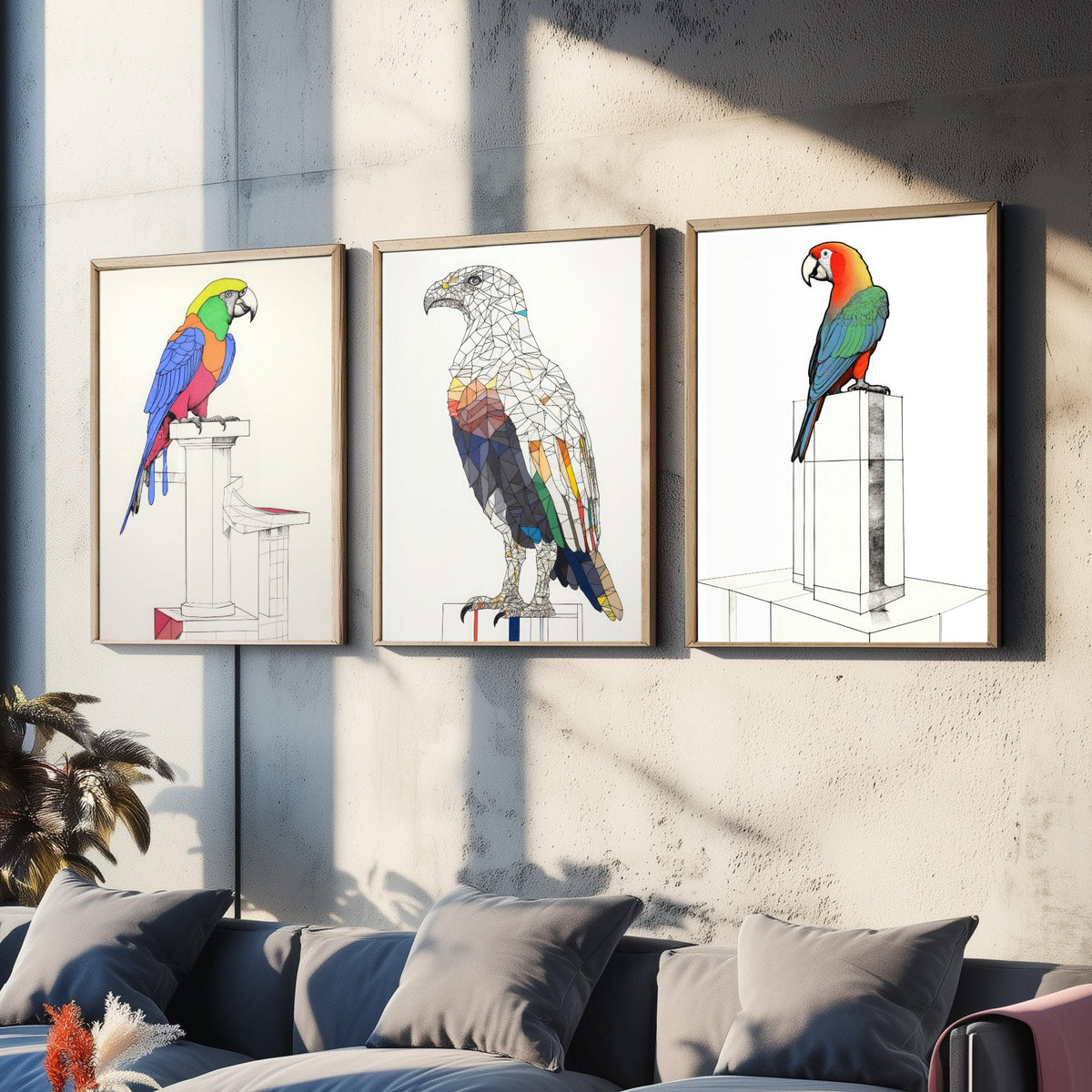 Parrots and Eagle Line Drawings Set of Three Art Prints - Colourful Birds on Plinths - Modern Ink Drawing Poster
