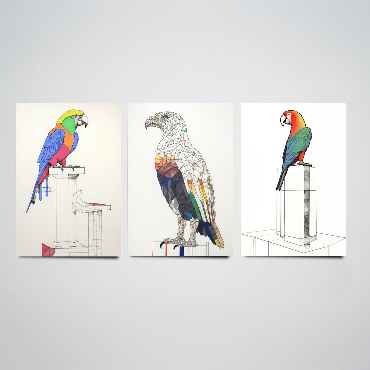 Parrots and Eagle Line Drawings Set of Three Art Prints - Colourful Birds on Plinths - Modern Ink Drawing Poster