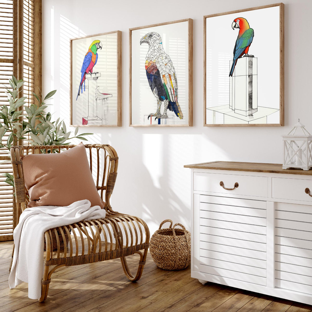 Parrots and Eagle Line Drawings Set of Three Art Prints - Colourful Birds on Plinths - Modern Ink Drawing Poster