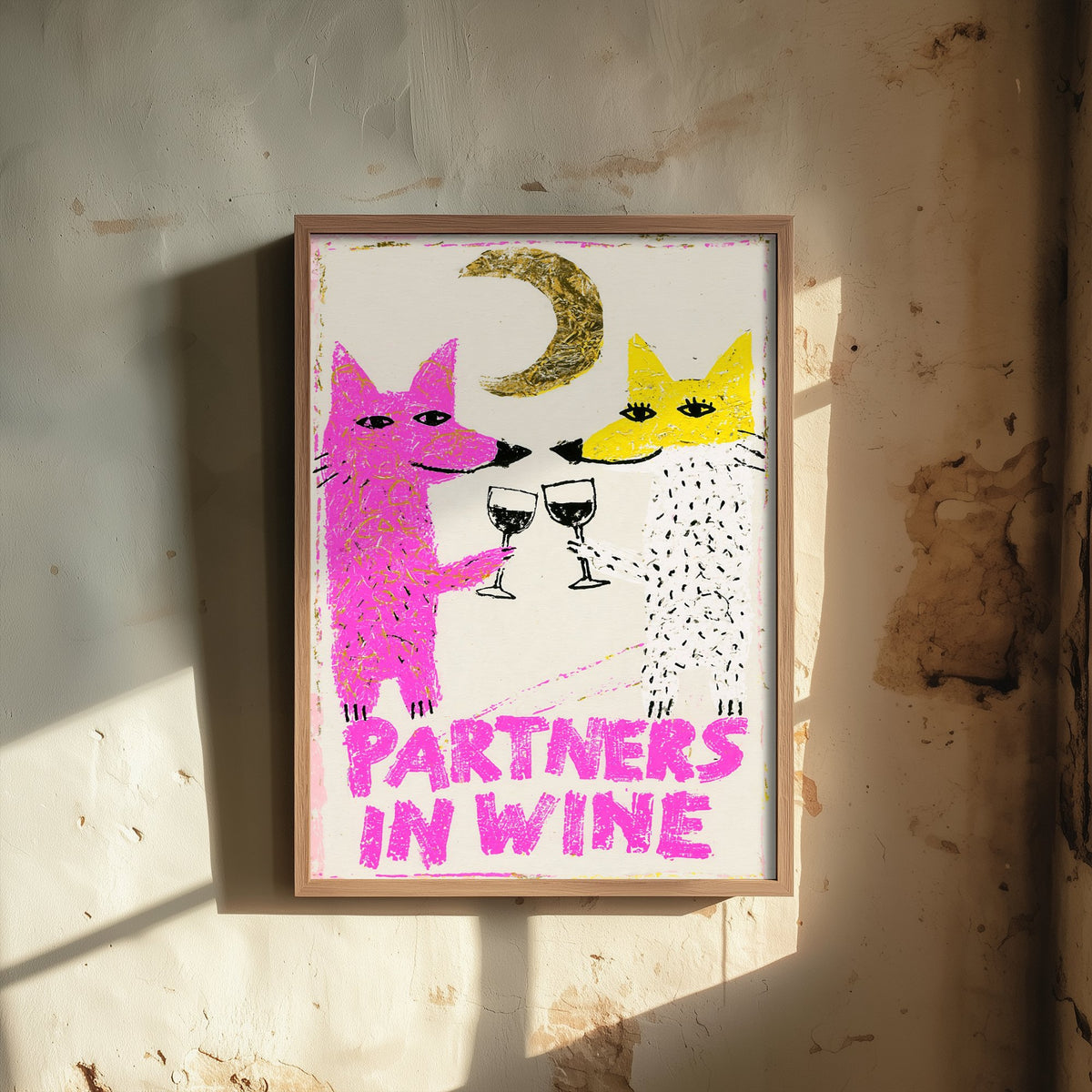 Partners in Wine Art Print - Two Foxes Toasting Red Wine Poster - Pink and Yellow Crayon Illustration