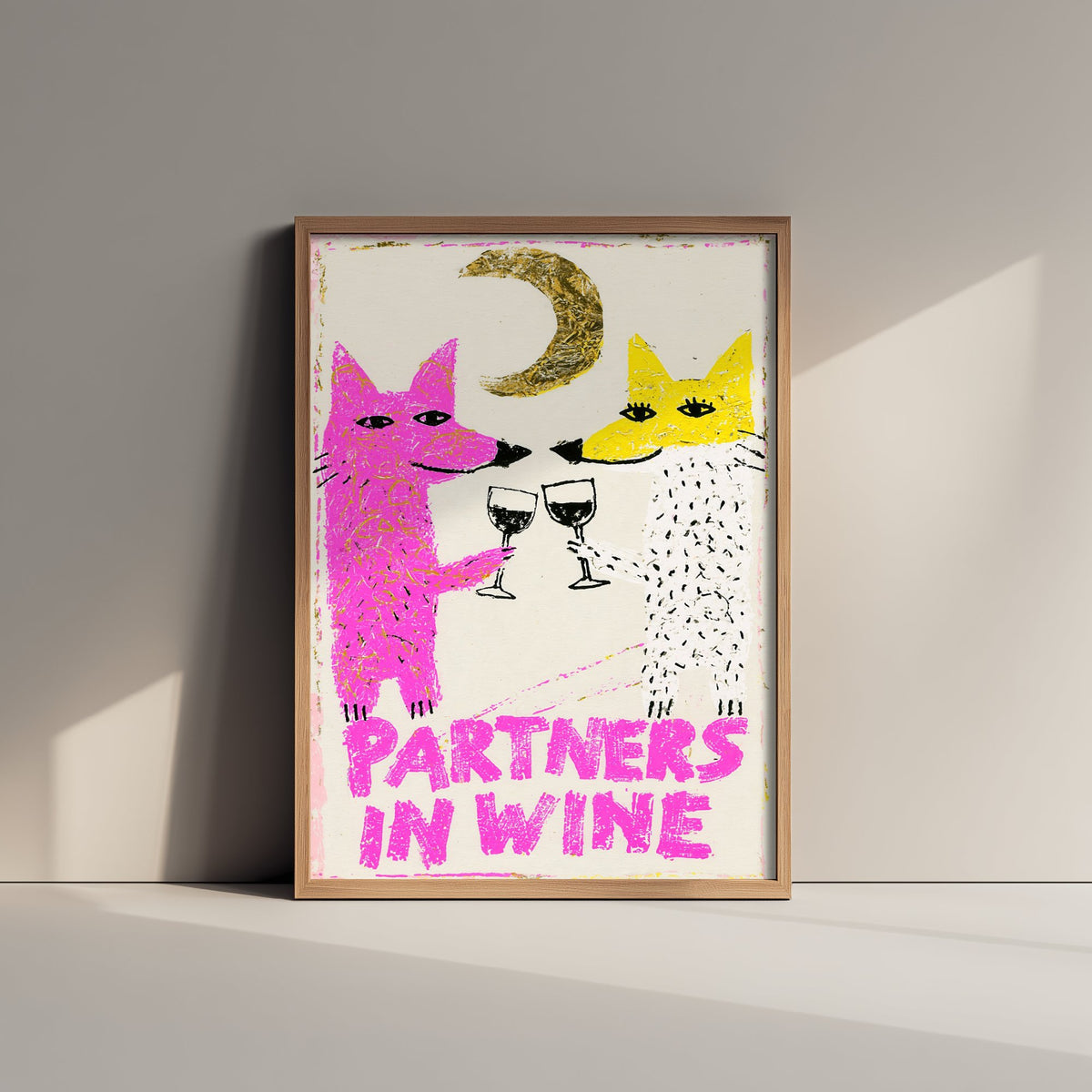 Partners in Wine Art Print - Two Foxes Toasting Red Wine Poster - Pink and Yellow Crayon Illustration