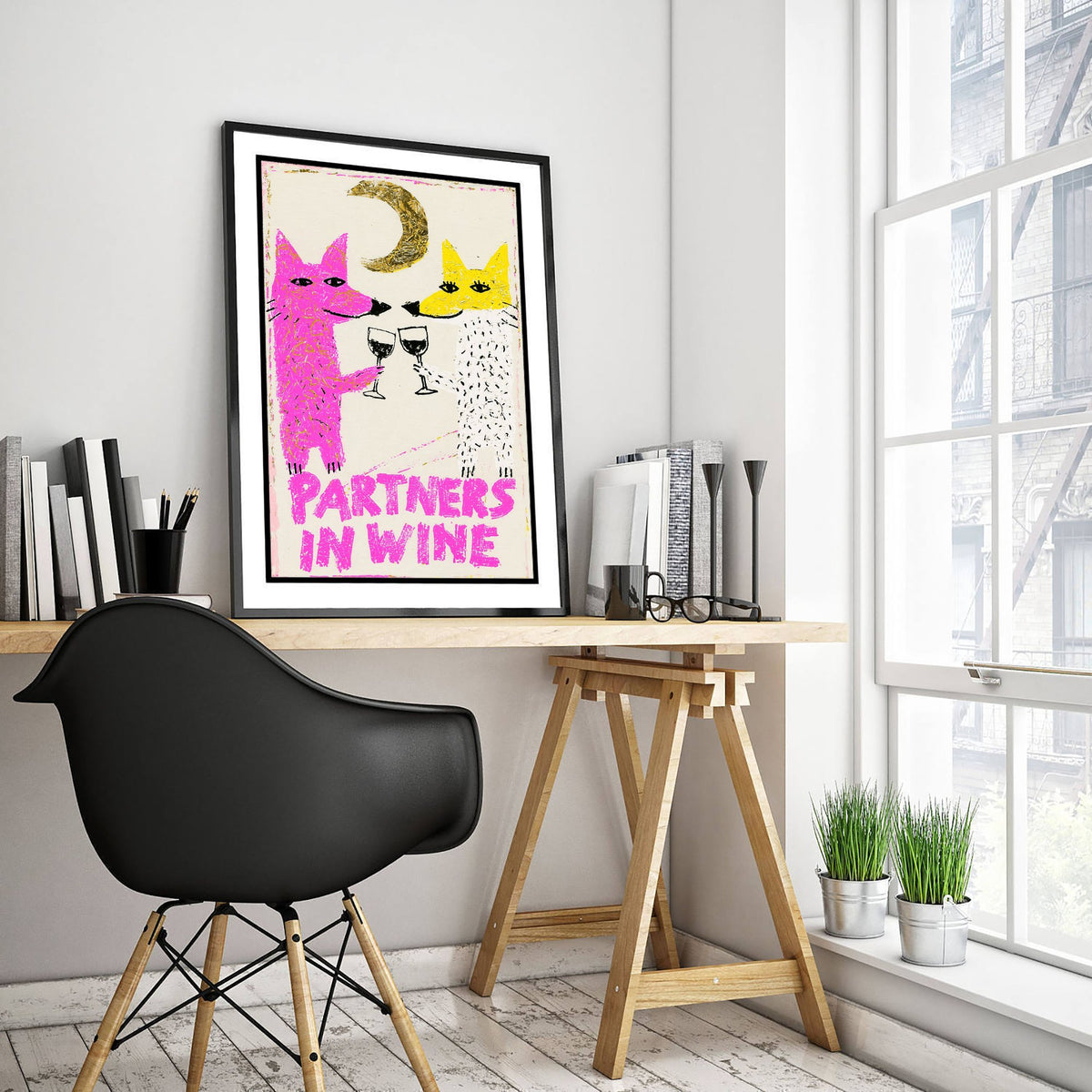 Partners in Wine Art Print - Two Foxes Toasting Red Wine Poster - Pink and Yellow Crayon Illustration