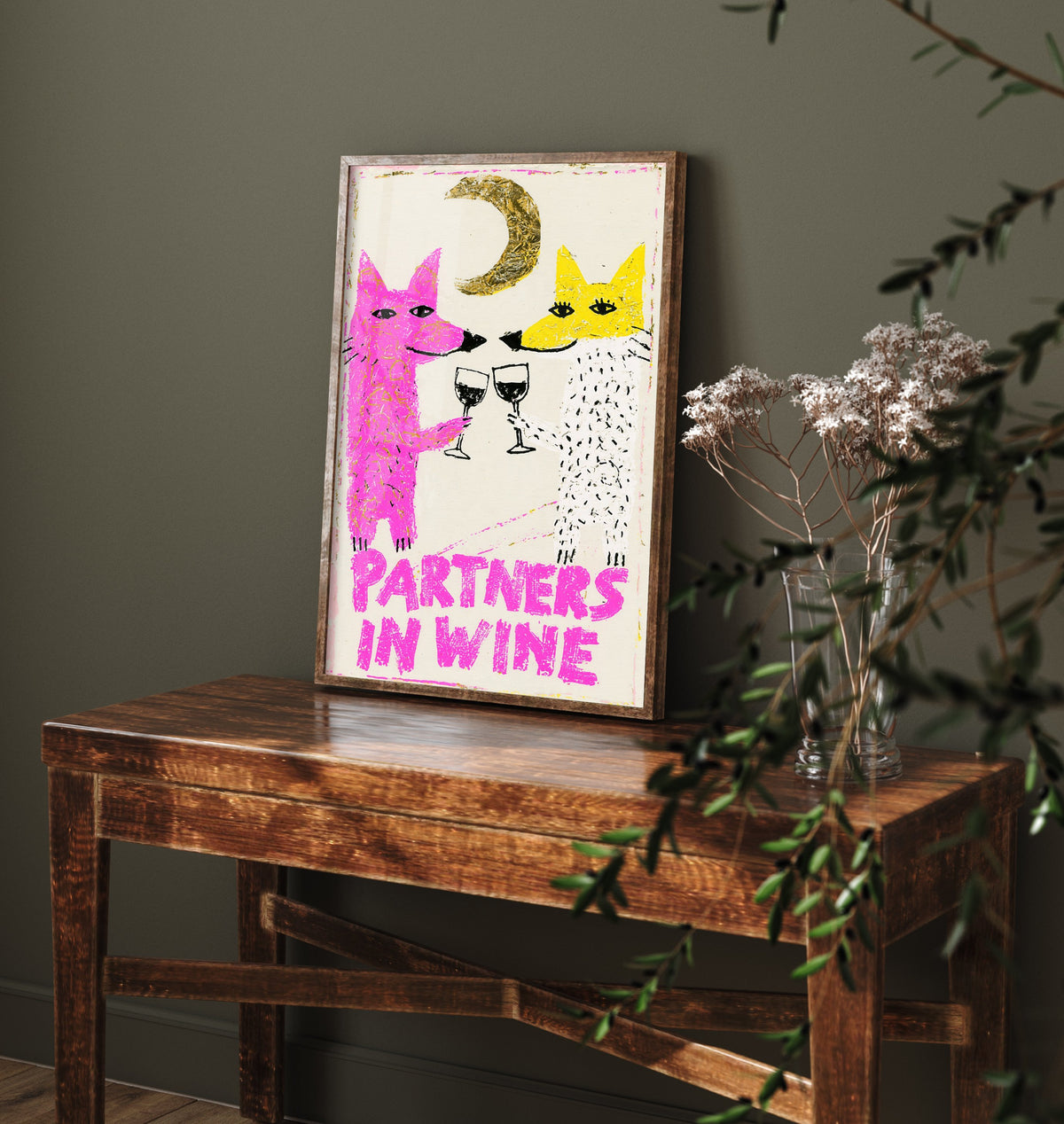 Partners in Wine Art Print - Two Foxes Toasting Red Wine Poster - Pink and Yellow Crayon Illustration