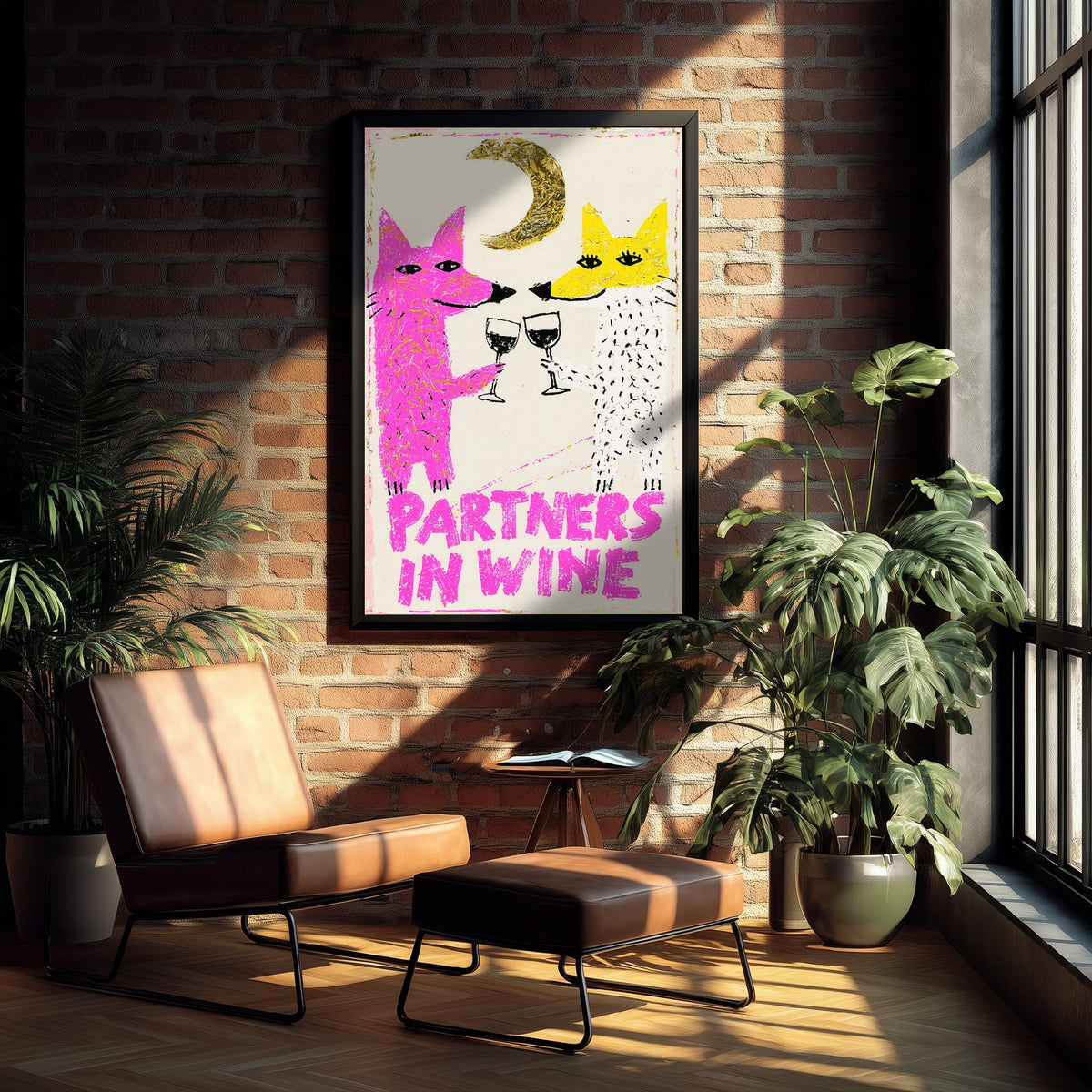 Partners in Wine Art Print - Two Foxes Toasting Red Wine Poster - Pink and Yellow Crayon Illustration