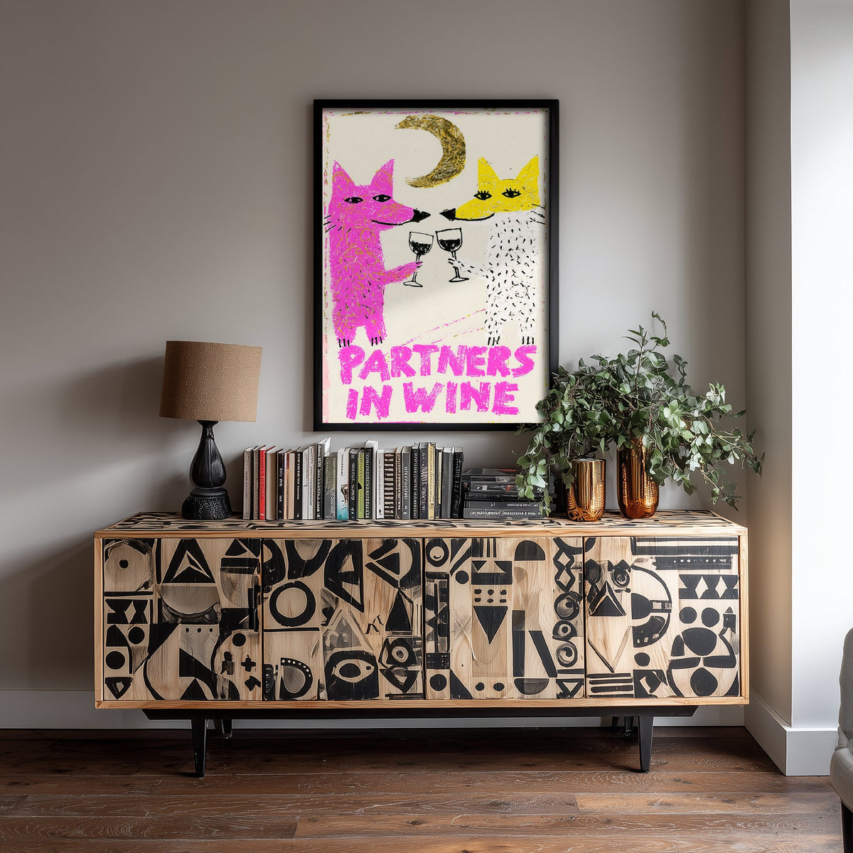 Partners in Wine Art Print - Two Foxes Toasting Red Wine Poster - Pink and Yellow Crayon Illustration