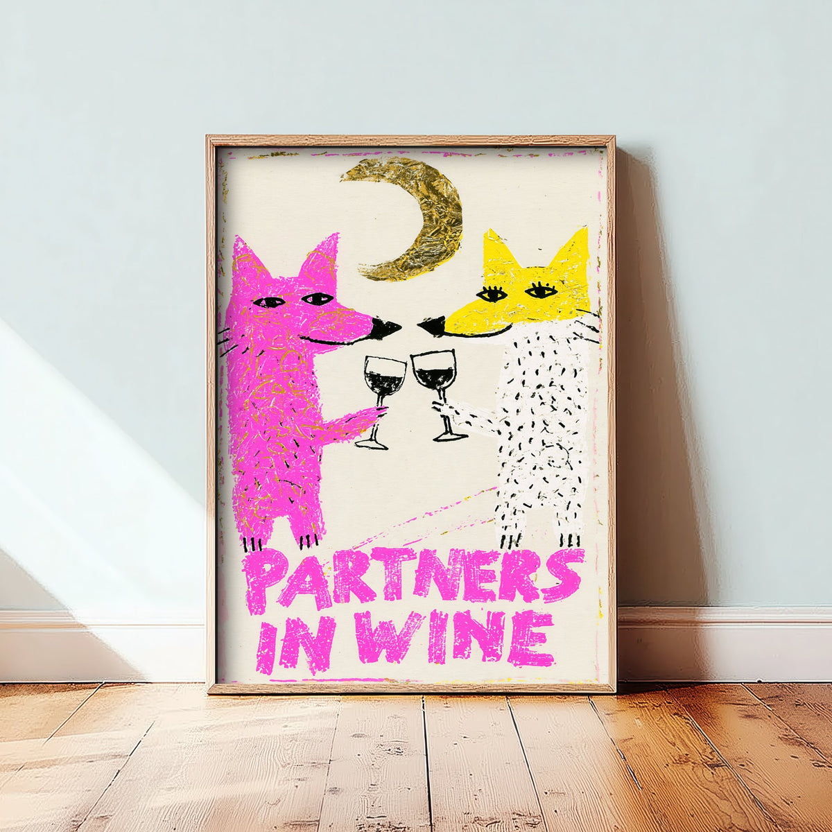 Partners in Wine Art Print - Two Foxes Toasting Red Wine Poster - Pink and Yellow Crayon Illustration