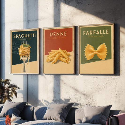 Vintage Pasta Set of Three Kitchen Art Prints - Spaghetti, Penne, Farfalle - Retro Italian Poster Illustration Gift Decor