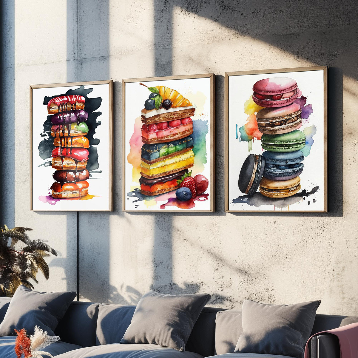 Pastry Stacks Set of Three Art Prints - Doughnuts, Layer Cake and Macarons - Watercolour Kitchen Poster Painting