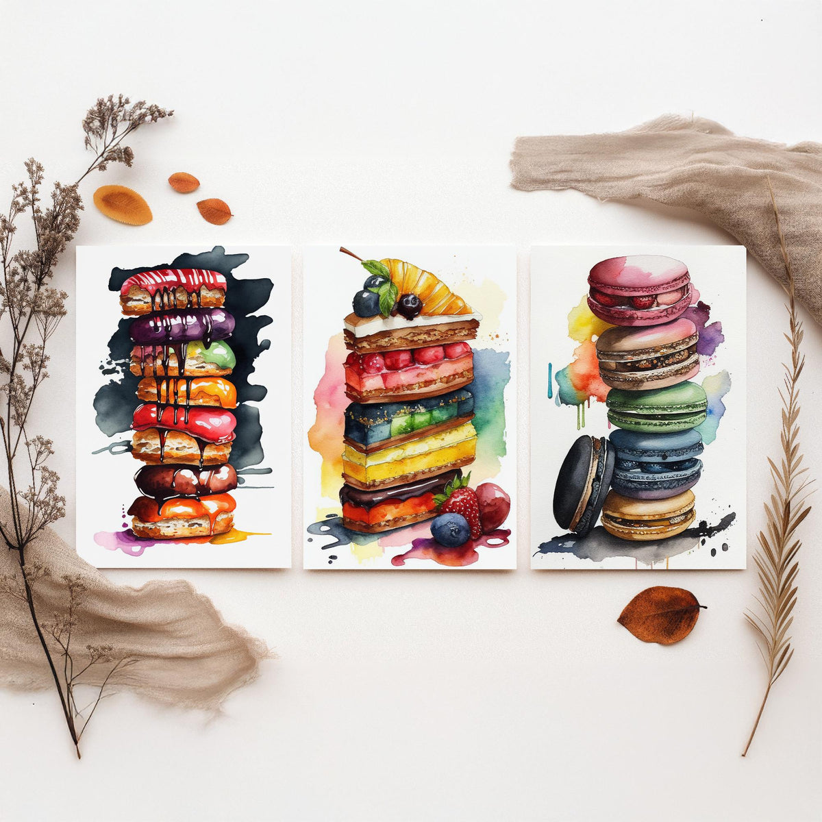 Pastry Stacks Set of Three Art Prints - Doughnuts, Layer Cake and Macarons - Watercolour Kitchen Poster Painting