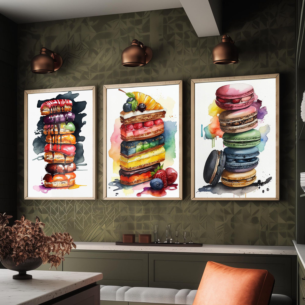 Pastry Stacks Set of Three Art Prints - Doughnuts, Layer Cake and Macarons - Watercolour Kitchen Poster Painting
