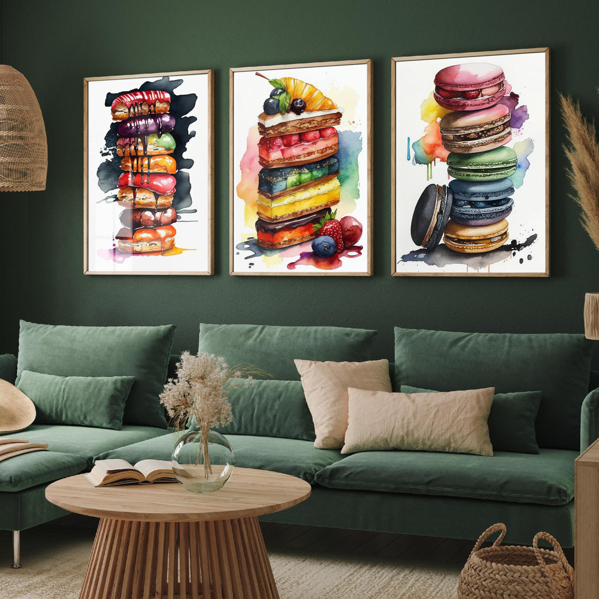Pastry Stacks Set of Three Art Prints - Doughnuts, Layer Cake and Macarons - Watercolour Kitchen Poster Painting