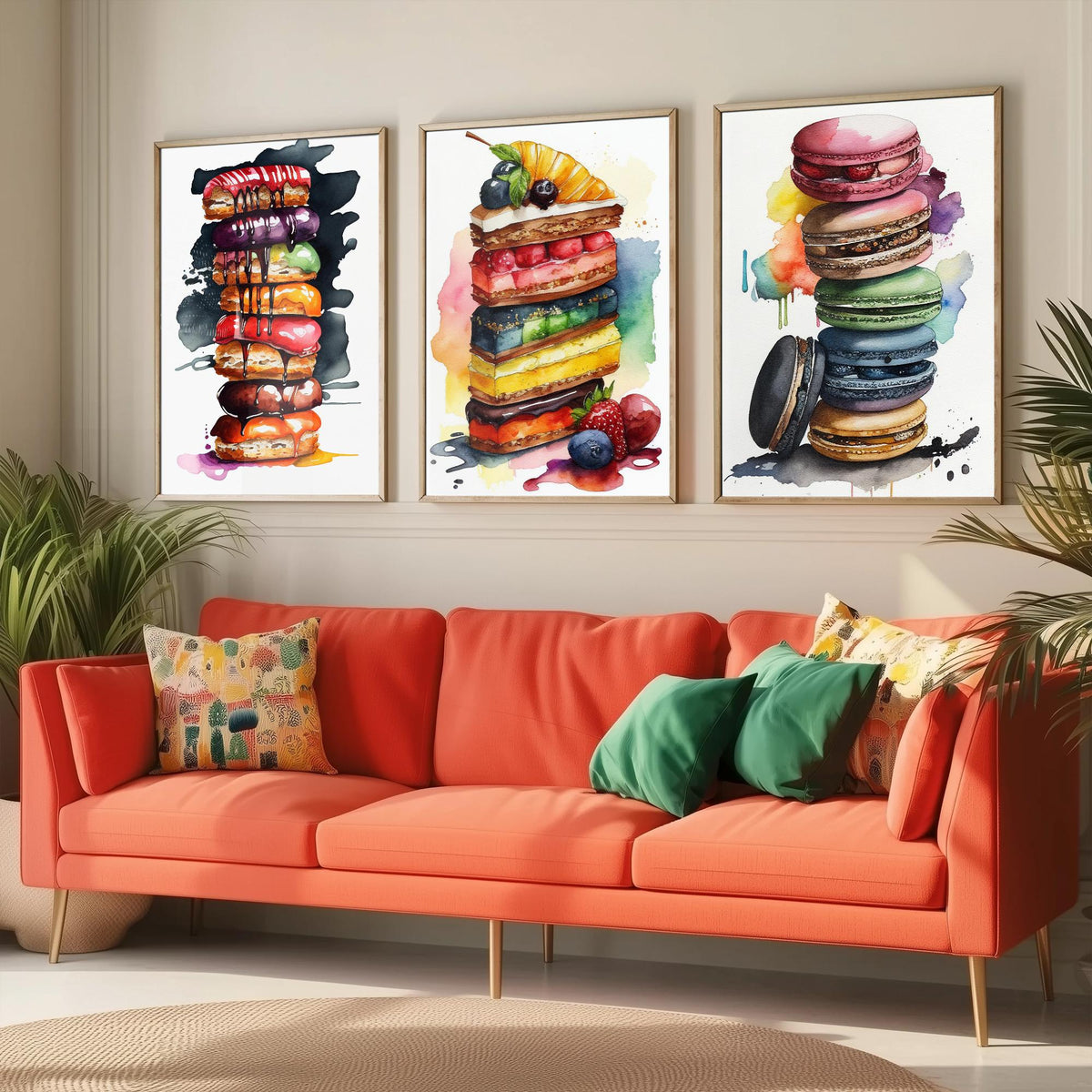 Pastry Stacks Set of Three Art Prints - Doughnuts, Layer Cake and Macarons - Watercolour Kitchen Poster Painting