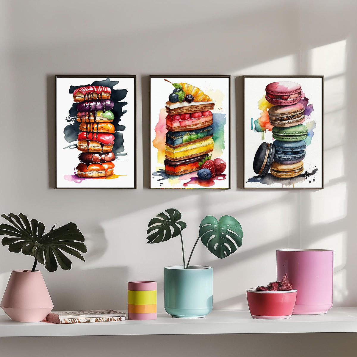 Pastry Stacks Set of Three Art Prints - Doughnuts, Layer Cake and Macarons - Watercolour Kitchen Poster Painting