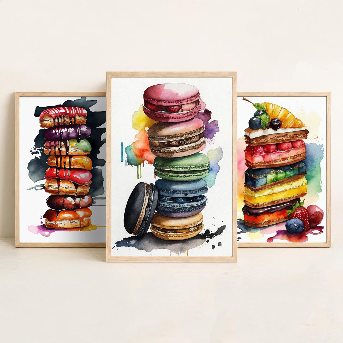 Pastry Stacks Set of Three Art Prints - Doughnuts, Layer Cake and Macarons - Watercolour Kitchen Poster Painting