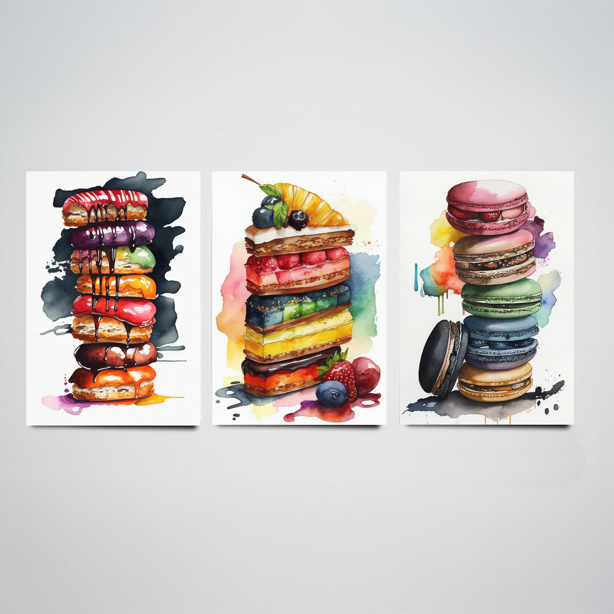 Pastry Stacks Set of Three Art Prints - Doughnuts, Layer Cake and Macarons - Watercolour Kitchen Poster Painting