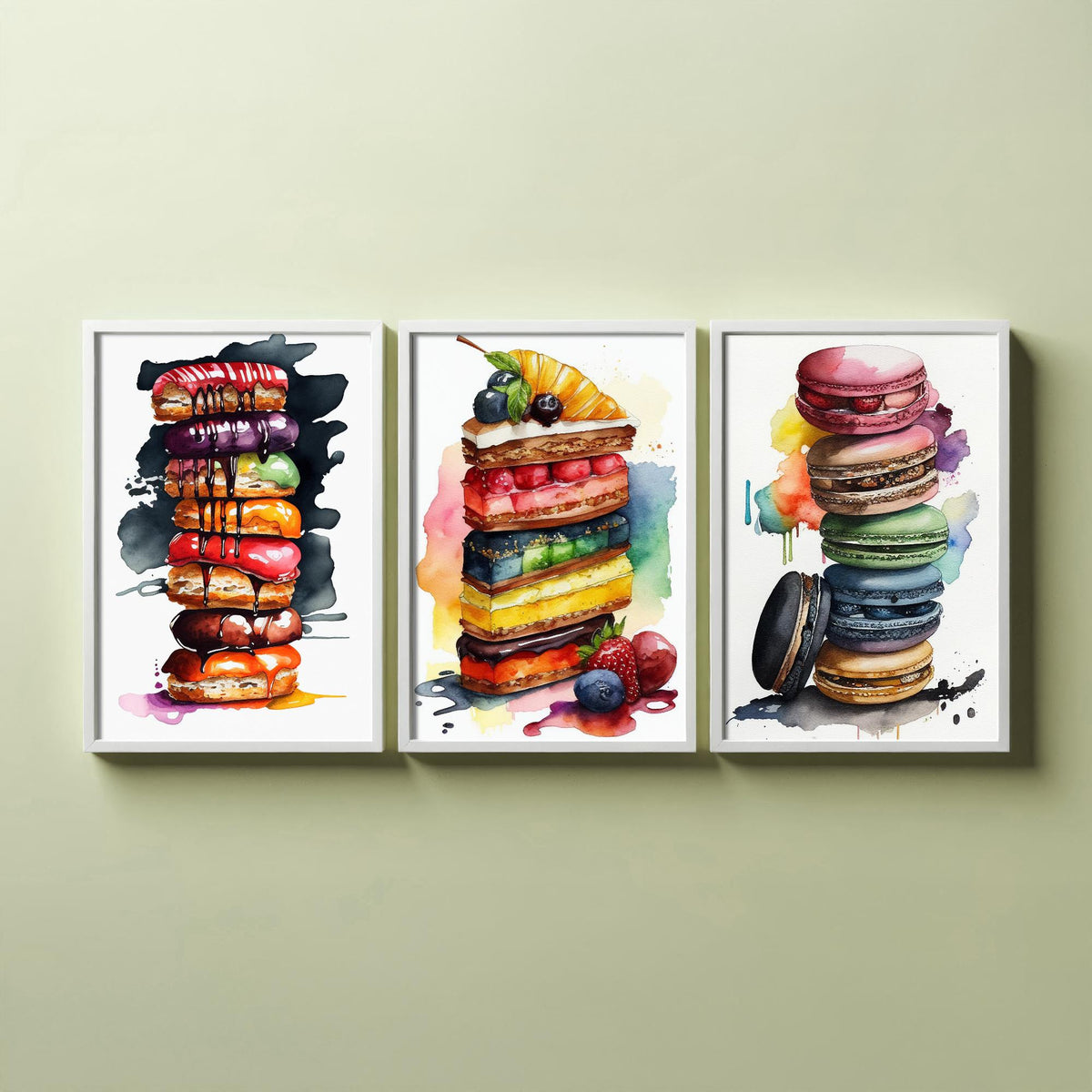 Pastry Stacks Set of Three Art Prints - Doughnuts, Layer Cake and Macarons - Watercolour Kitchen Poster Painting