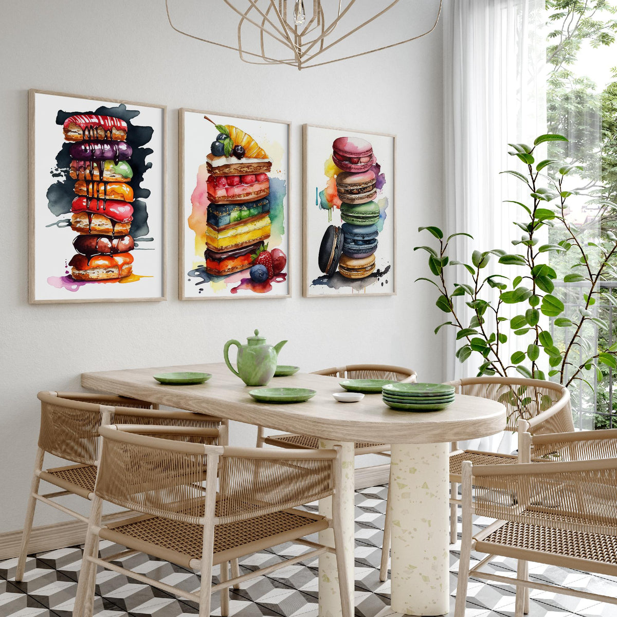 Pastry Stacks Set of Three Art Prints - Doughnuts, Layer Cake and Macarons - Watercolour Kitchen Poster Painting