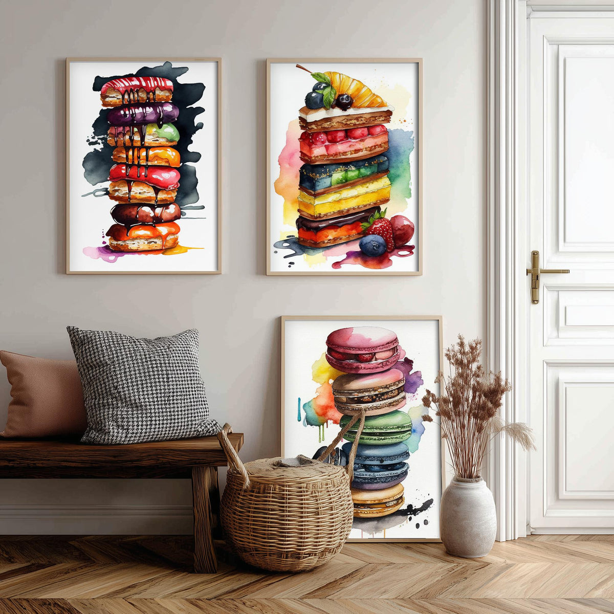 Pastry Stacks Set of Three Art Prints - Doughnuts, Layer Cake and Macarons - Watercolour Kitchen Poster Painting