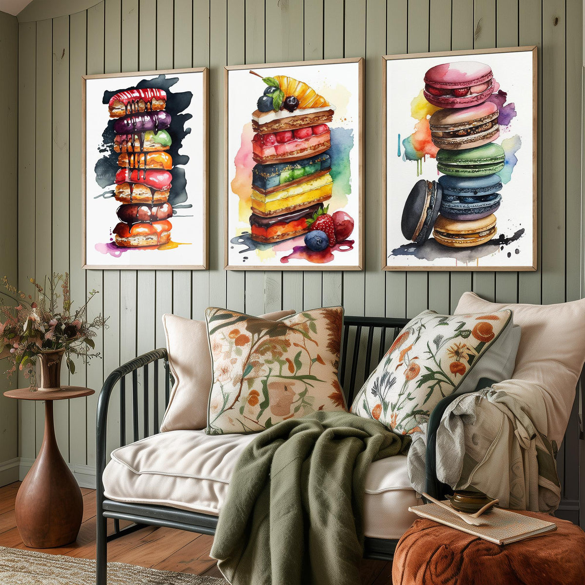 Pastry Stacks Set of Three Art Prints - Doughnuts, Layer Cake and Macarons - Watercolour Kitchen Poster Painting