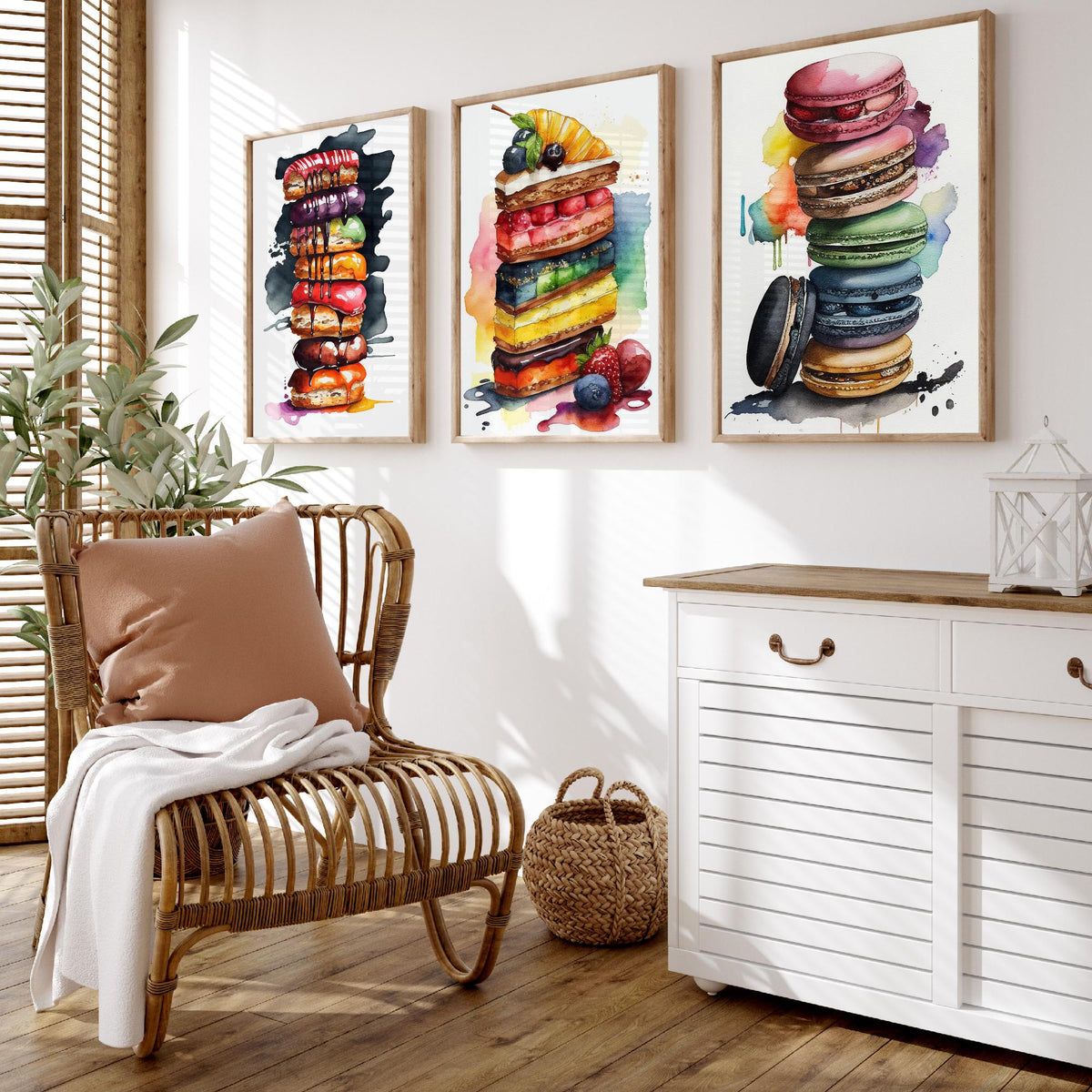 Pastry Stacks Set of Three Art Prints - Doughnuts, Layer Cake and Macarons - Watercolour Kitchen Poster Painting