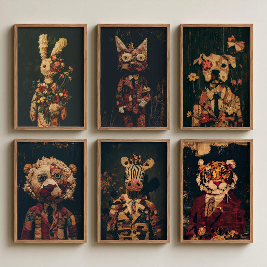 Set of Six Patchwork Animal Portrait Art Prints - 6 Dark Textile Posters - Rabbit, Cat, Dog, Lion, Zebra, Tiger Stitched Painting