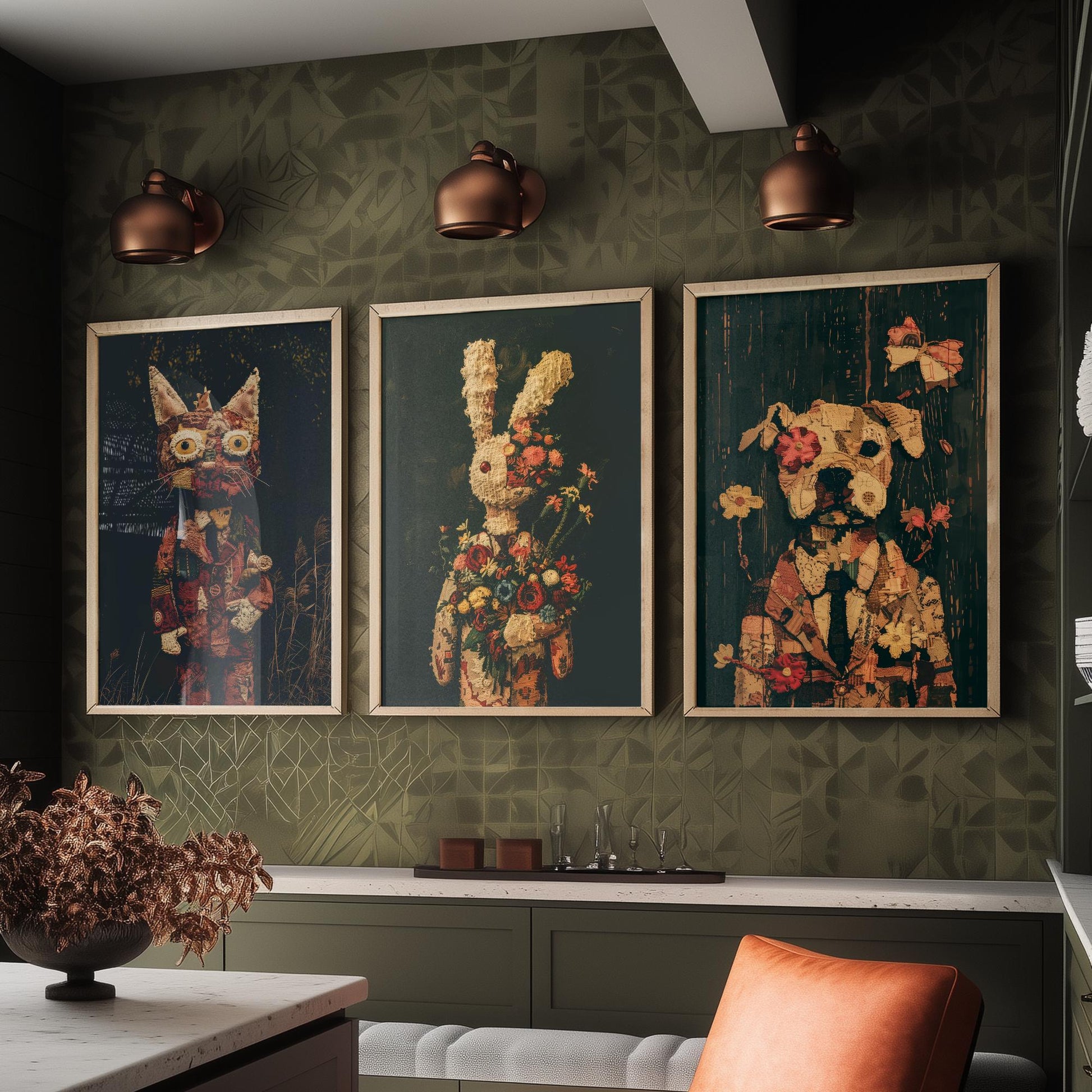Patchwork Toy Animals Set of Three Art Prints - 3 Cat Rabbit Dog Posters - Nursery Wall Art Gift Textile Collage Illustration