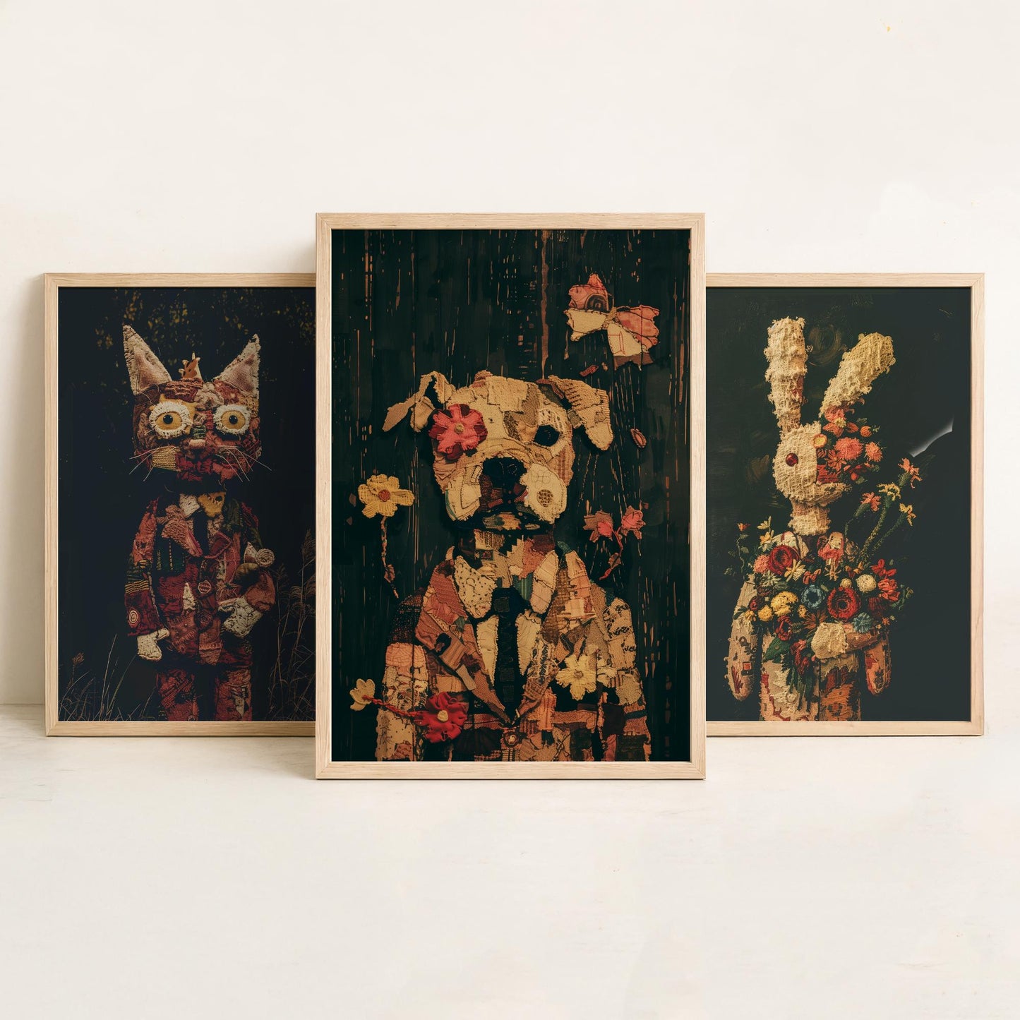 Patchwork Toy Animals Set of Three Art Prints - 3 Cat Rabbit Dog Posters - Nursery Wall Art Gift Textile Collage Illustration