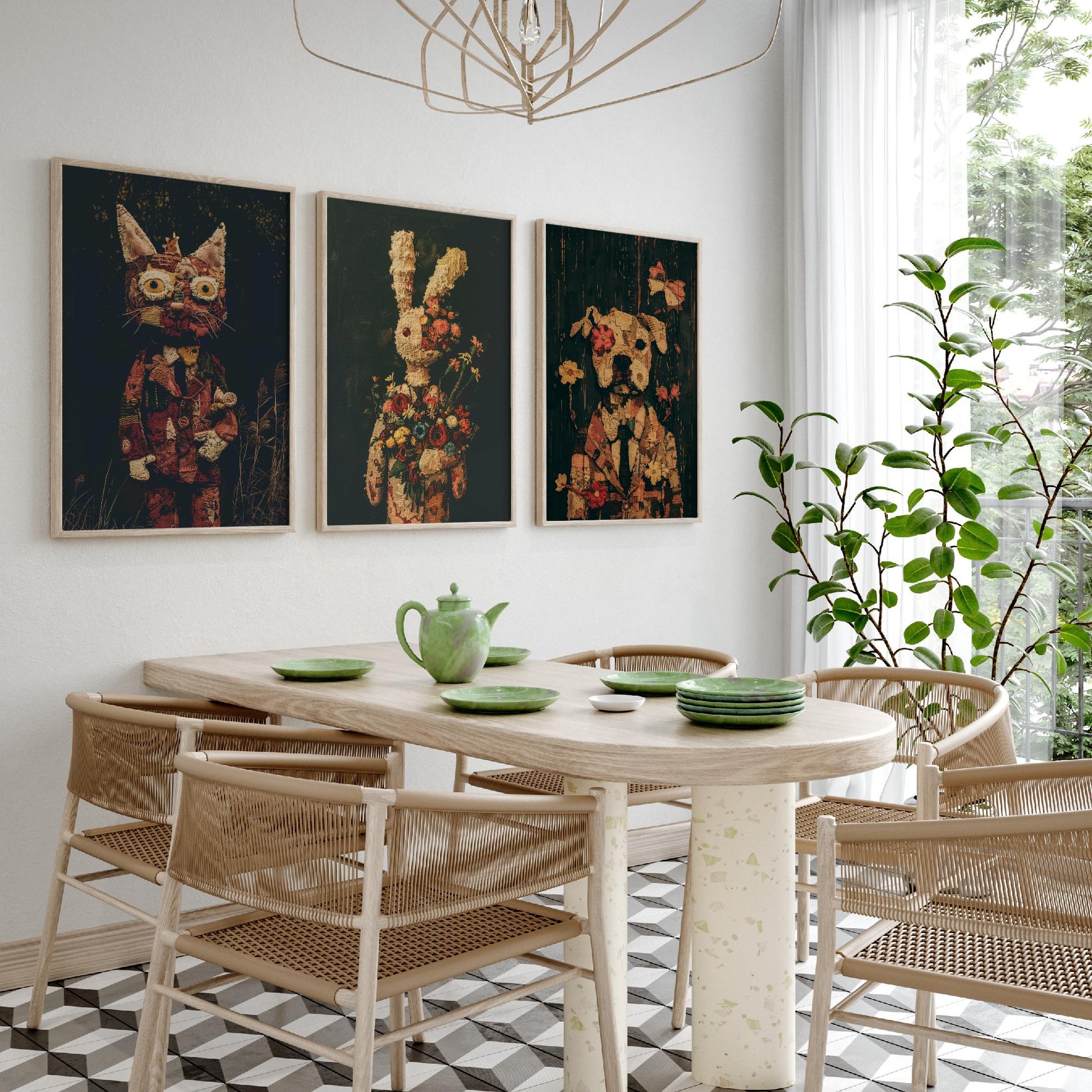 Patchwork Toy Animals Set of Three Art Prints - 3 Cat Rabbit Dog Posters - Nursery Wall Art Gift Textile Collage Illustration