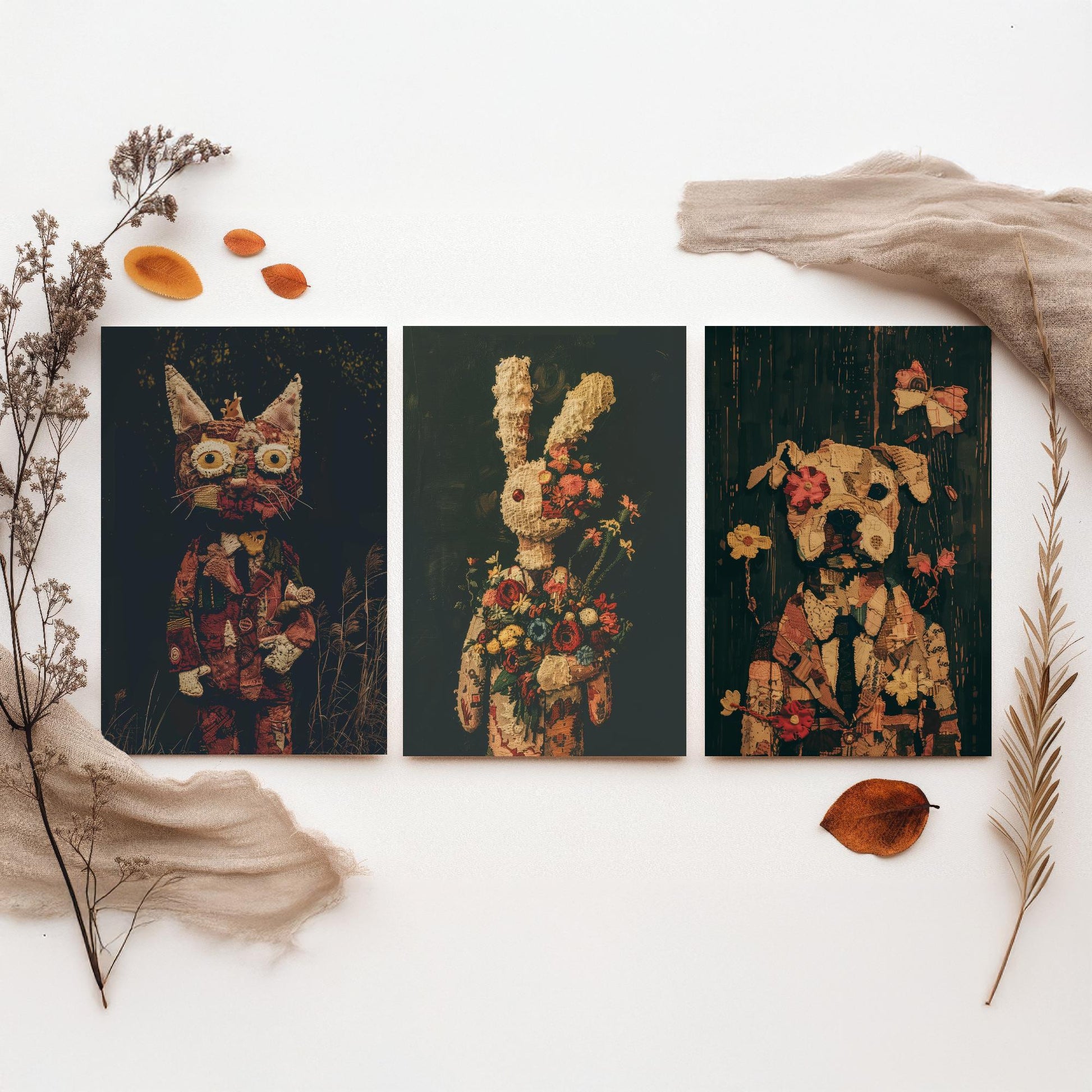 Patchwork Toy Animals Set of Three Art Prints - 3 Cat Rabbit Dog Posters - Nursery Wall Art Gift Textile Collage Illustration