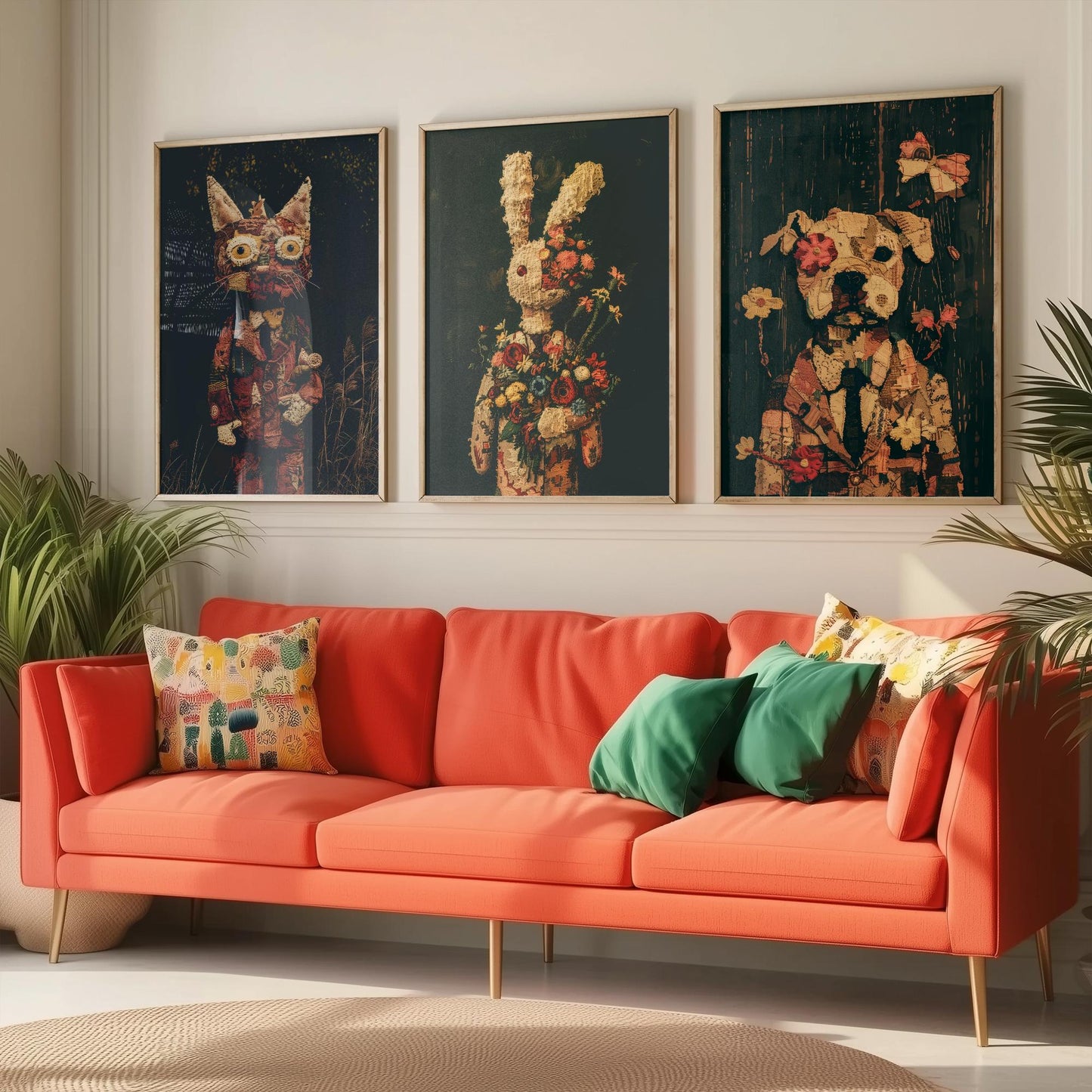 Patchwork Toy Animals Set of Three Art Prints - 3 Cat Rabbit Dog Posters - Nursery Wall Art Gift Textile Collage Illustration