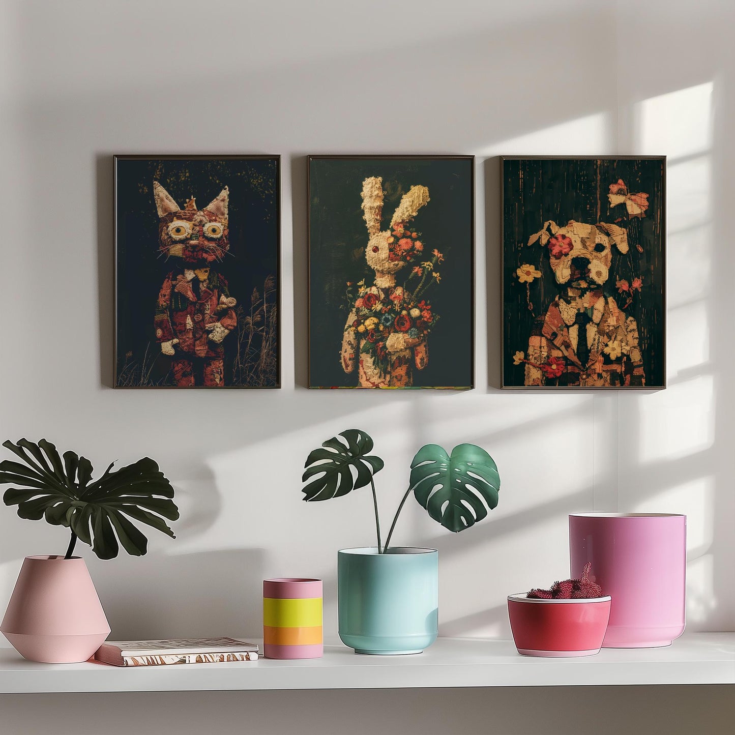 Patchwork Toy Animals Set of Three Art Prints - 3 Cat Rabbit Dog Posters - Nursery Wall Art Gift Textile Collage Illustration