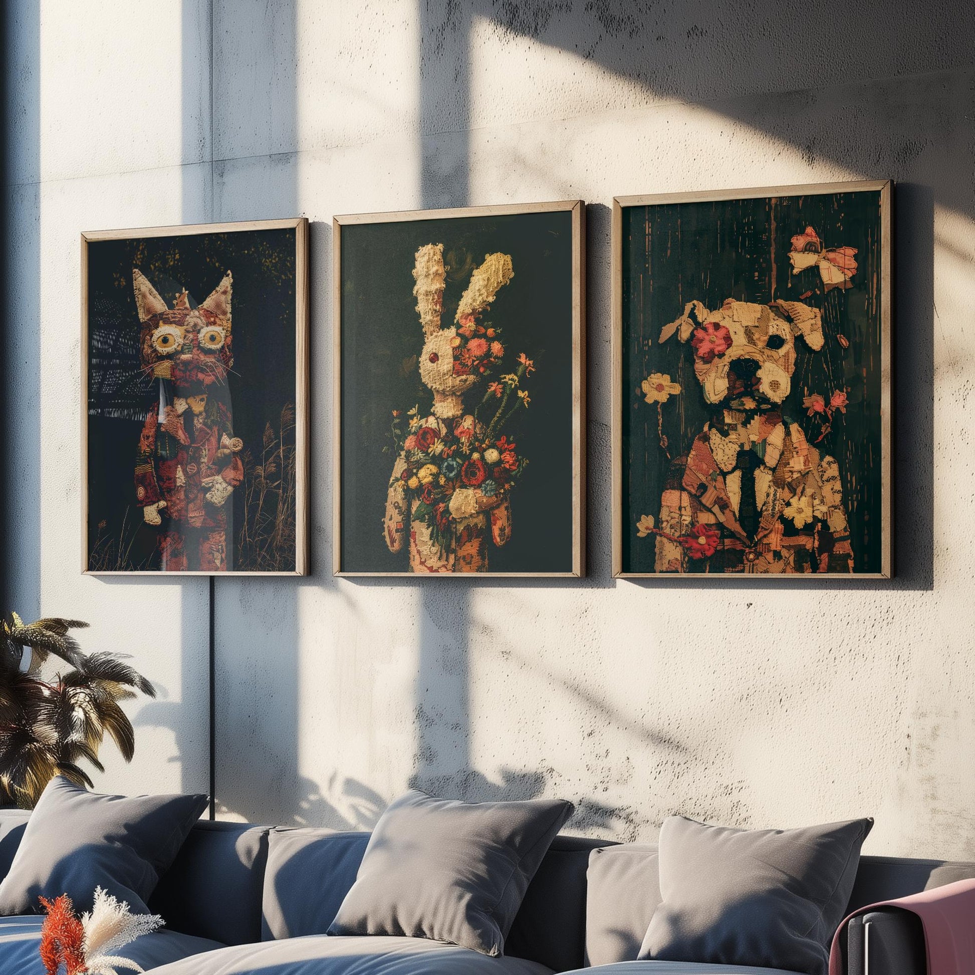 Patchwork Toy Animals Set of Three Art Prints - 3 Cat Rabbit Dog Posters - Nursery Wall Art Gift Textile Collage Illustration