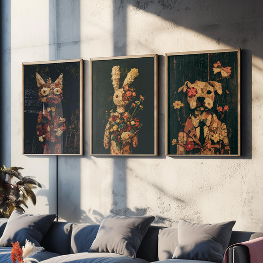 Patchwork Toy Animals Set of Three Art Prints - 3 Cat Rabbit Dog Posters - Nursery Wall Art Gift Textile Collage Illustration