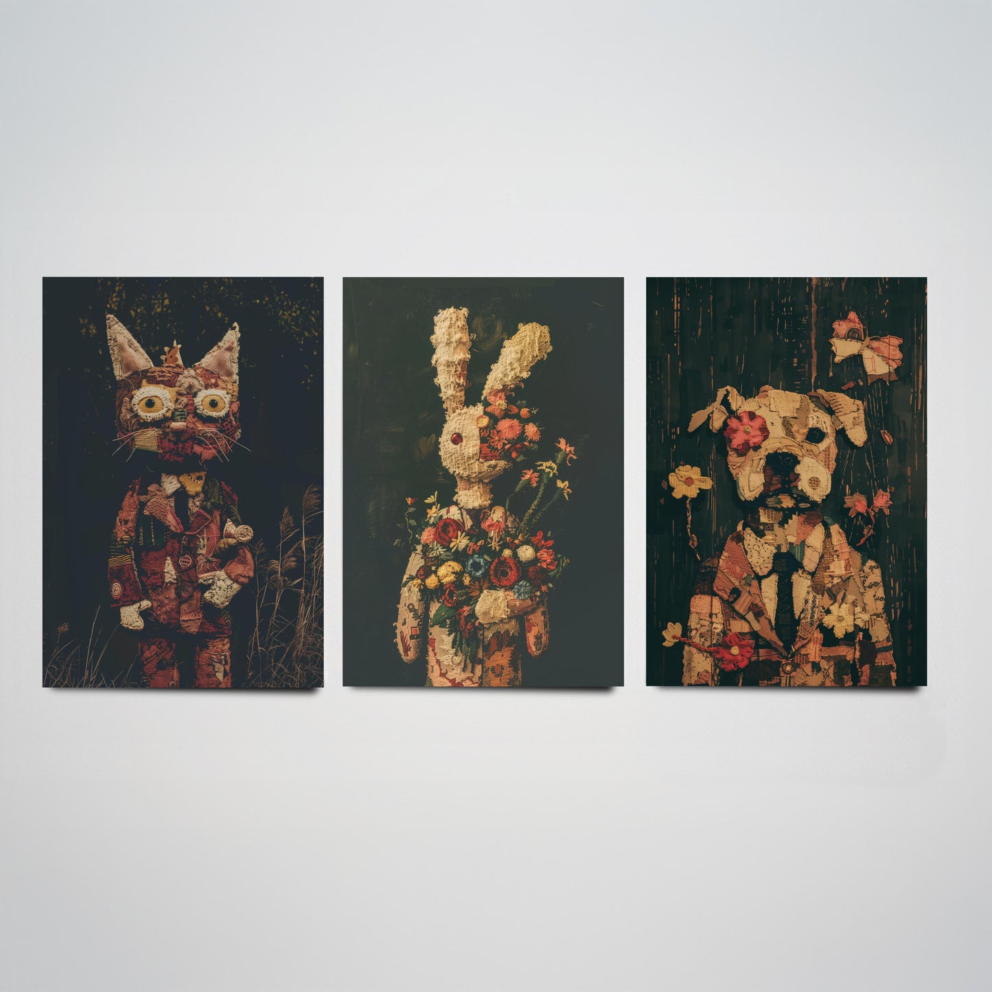Patchwork Toy Animals Set of Three Art Prints - 3 Cat Rabbit Dog Posters - Nursery Wall Art Gift Textile Collage Illustration