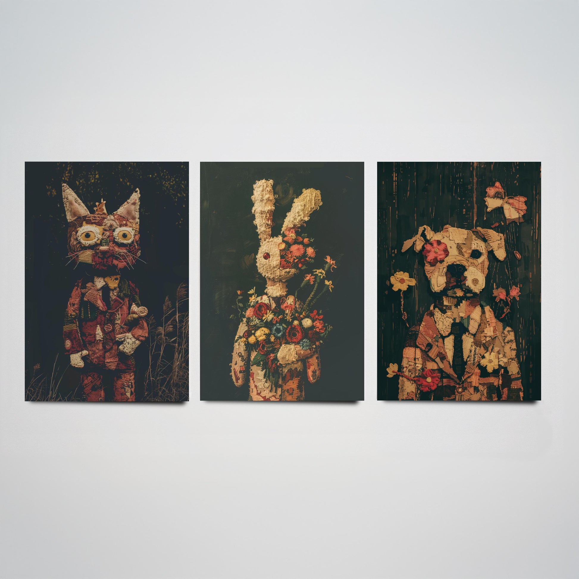 Patchwork Toy Animals Set of Three Art Prints - 3 Cat Rabbit Dog Posters - Nursery Wall Art Gift Textile Collage Illustration