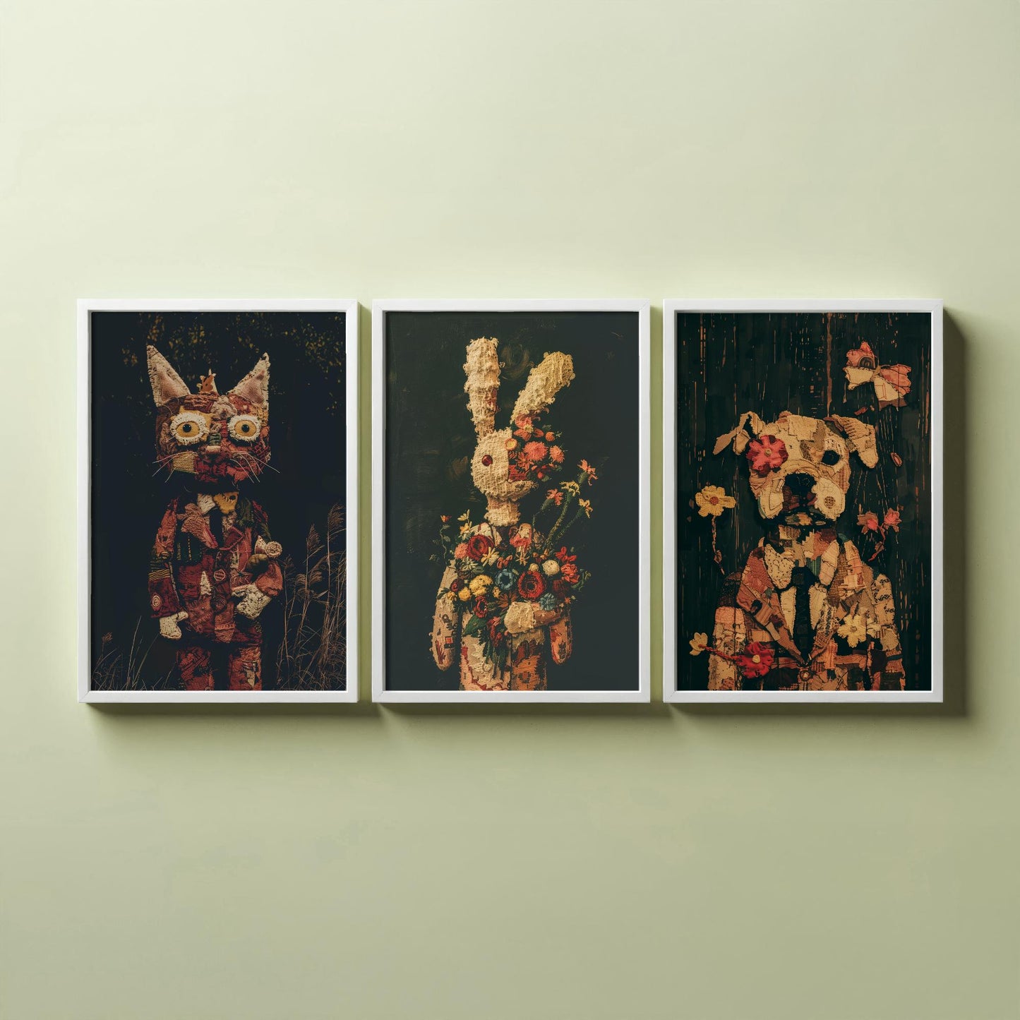 Patchwork Toy Animals Set of Three Art Prints - 3 Cat Rabbit Dog Posters - Nursery Wall Art Gift Textile Collage Illustration