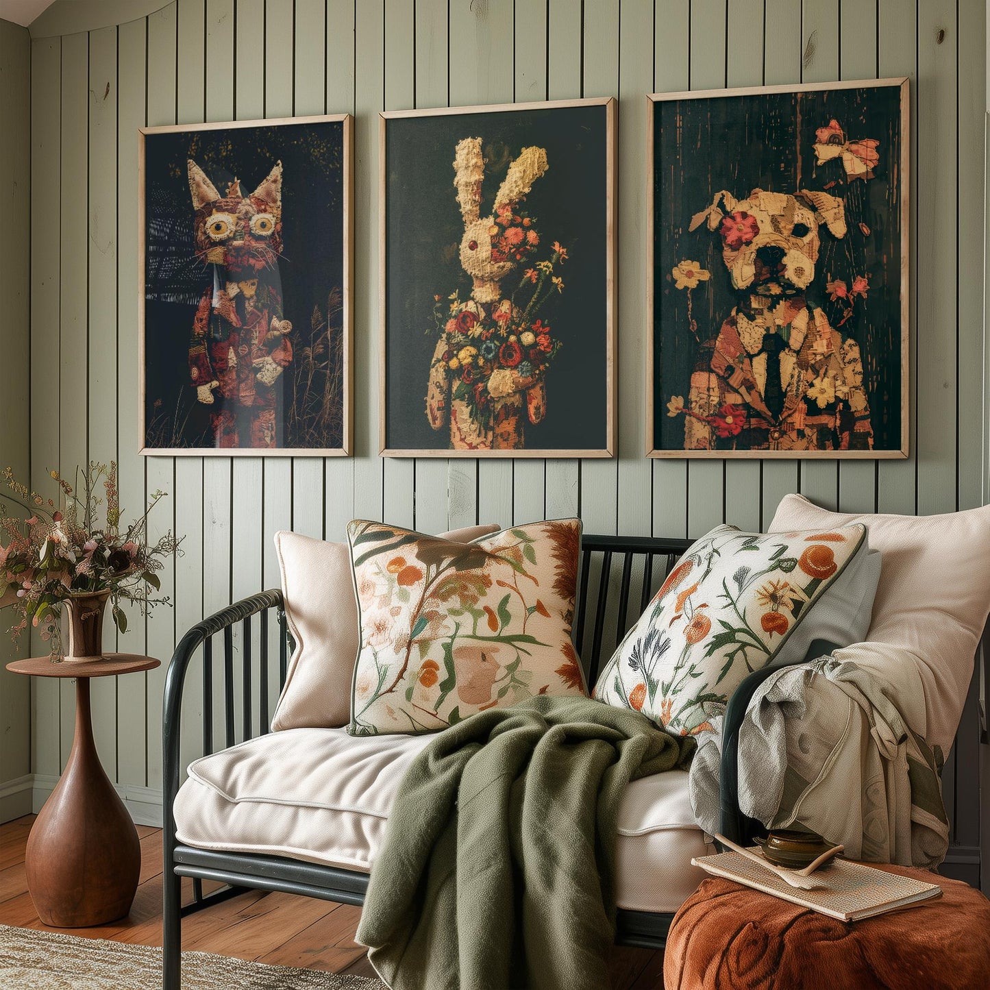 Patchwork Toy Animals Set of Three Art Prints - 3 Cat Rabbit Dog Posters - Nursery Wall Art Gift Textile Collage Illustration