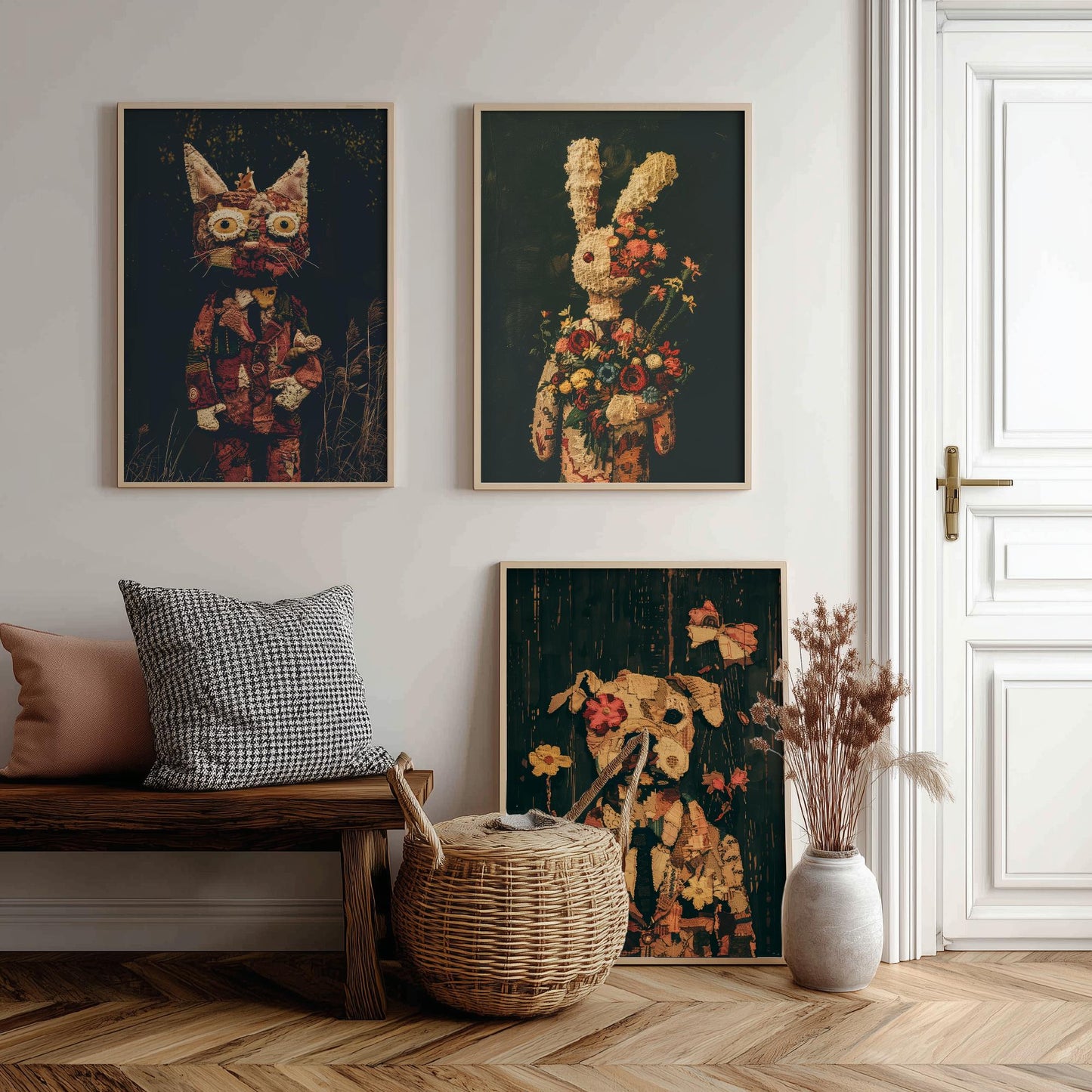 Patchwork Toy Animals Set of Three Art Prints - 3 Cat Rabbit Dog Posters - Nursery Wall Art Gift Textile Collage Illustration