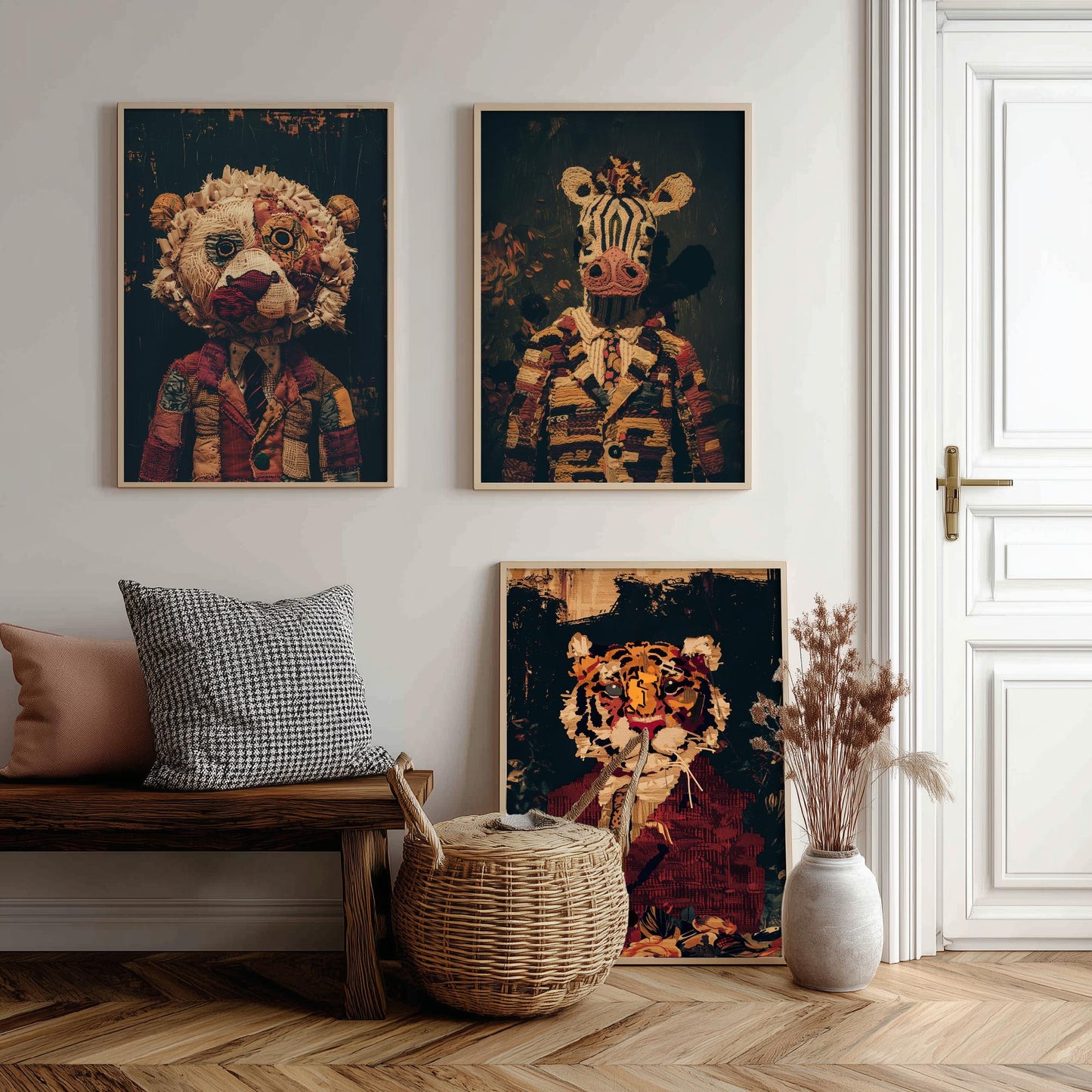 Patchwork Safari Animals Set of Three Art Prints - 3 Lion Zebra Tiger Posters - Nursery Wall Art Gift Textile Collage Illustration