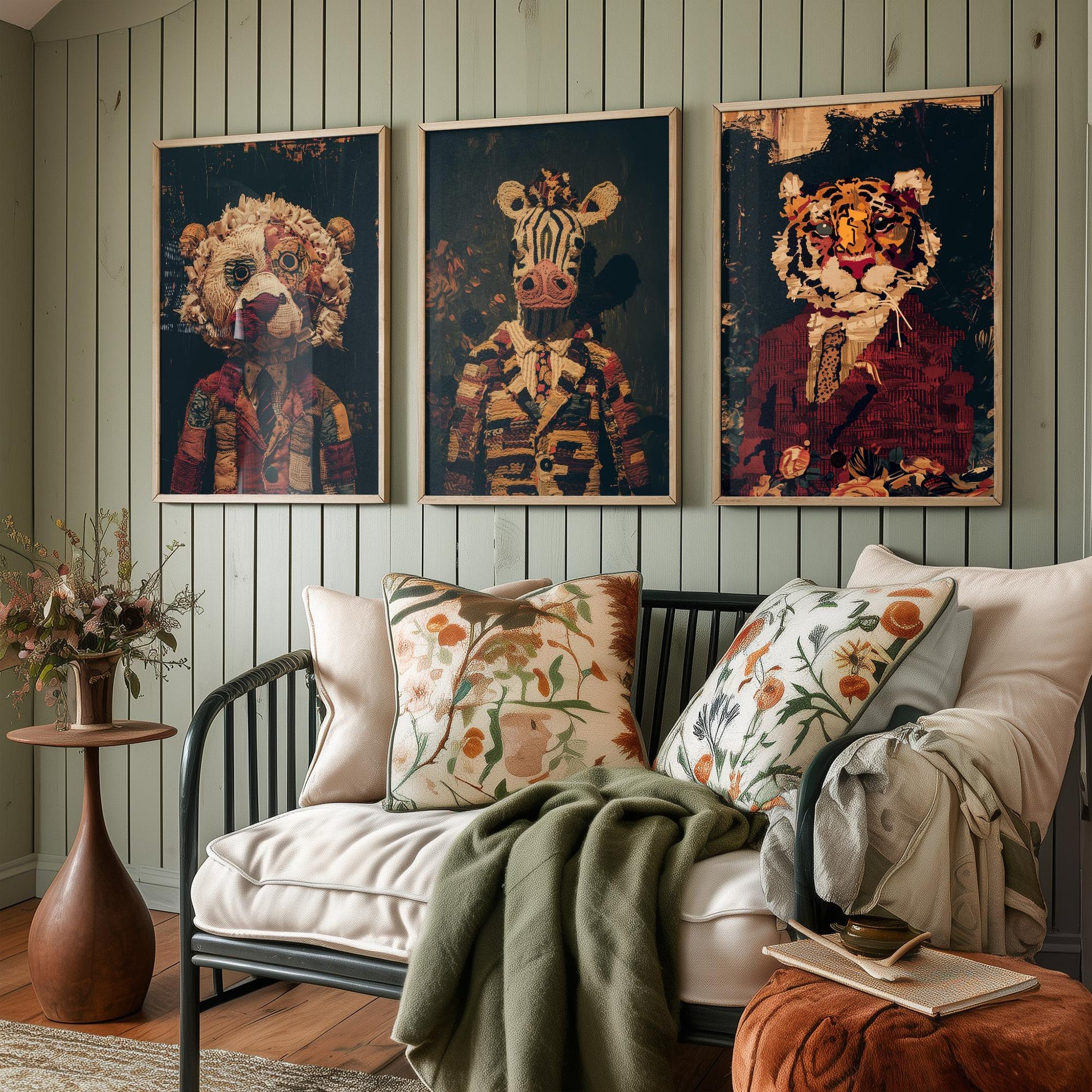 Patchwork Safari Animals Set of Three Art Prints - 3 Lion Zebra Tiger Posters - Nursery Wall Art Gift Textile Collage Illustration