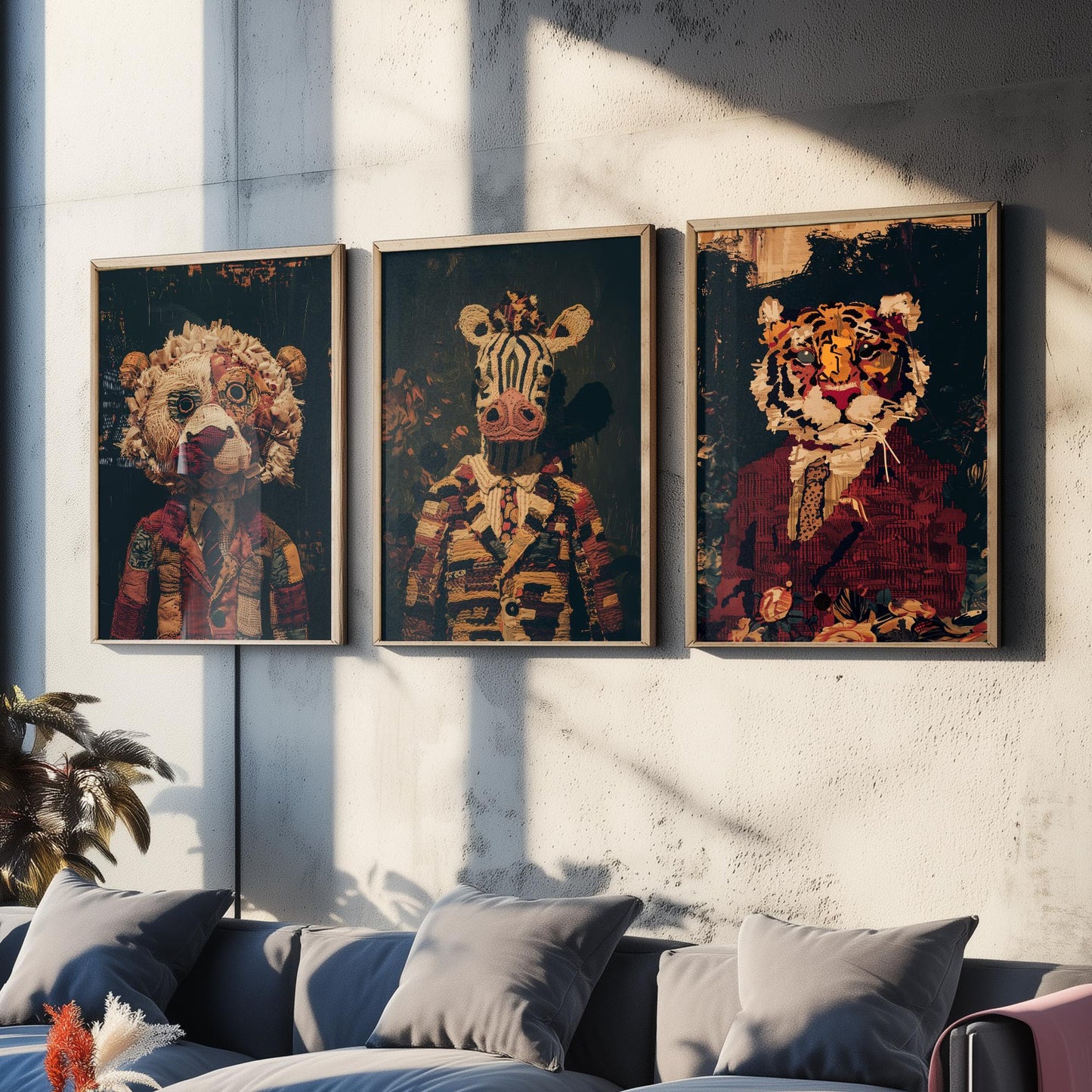 Patchwork Safari Animals Set of Three Art Prints - 3 Lion Zebra Tiger Posters - Nursery Wall Art Gift Textile Collage Illustration