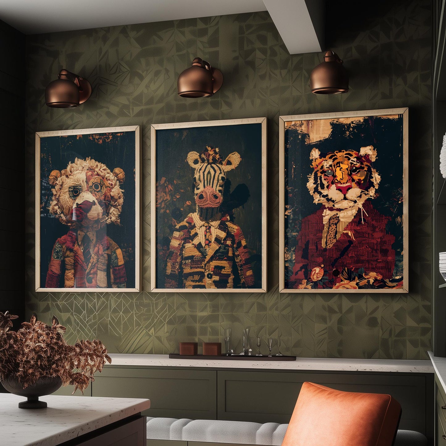 Patchwork Safari Animals Set of Three Art Prints - 3 Lion Zebra Tiger Posters - Nursery Wall Art Gift Textile Collage Illustration