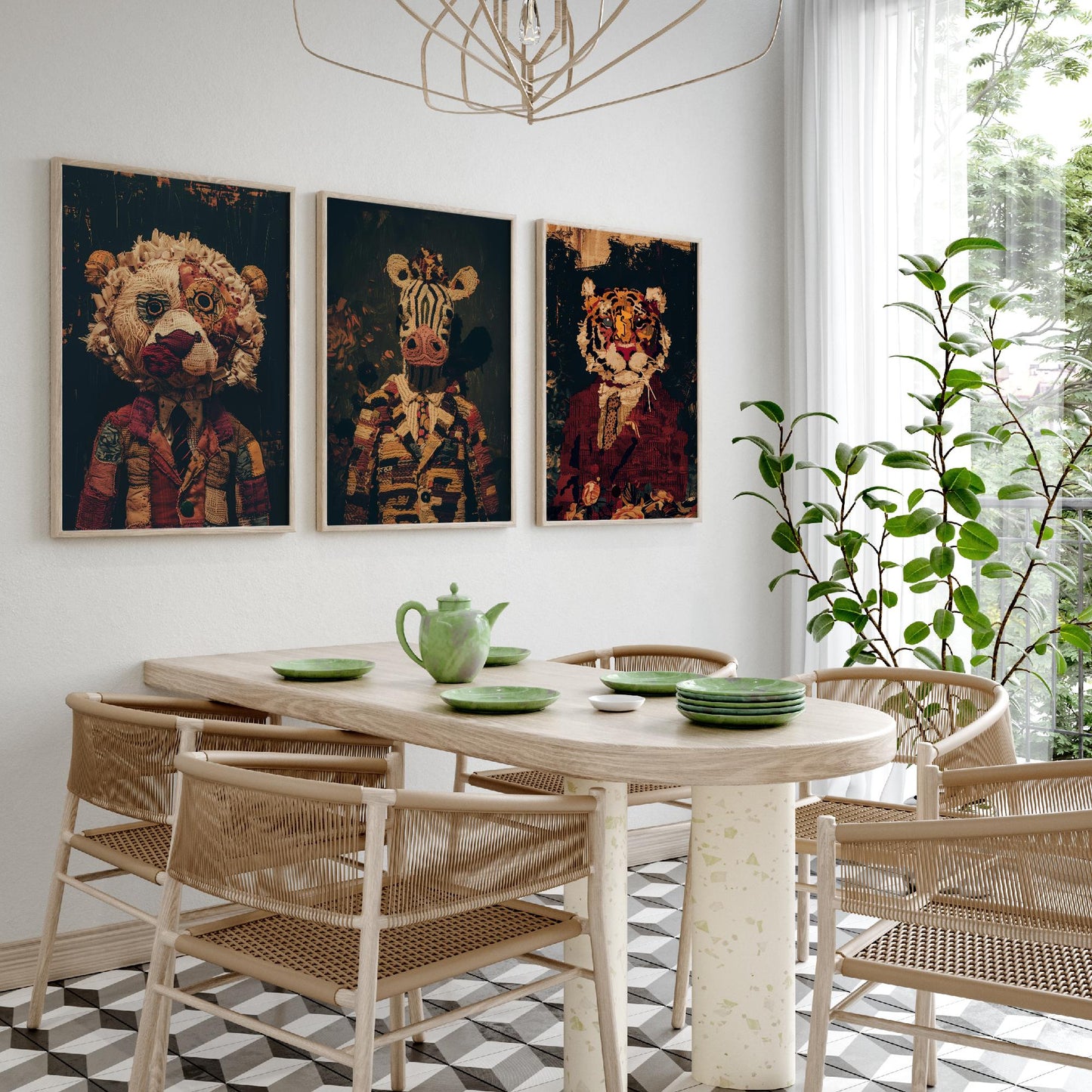 Patchwork Safari Animals Set of Three Art Prints - 3 Lion Zebra Tiger Posters - Nursery Wall Art Gift Textile Collage Illustration
