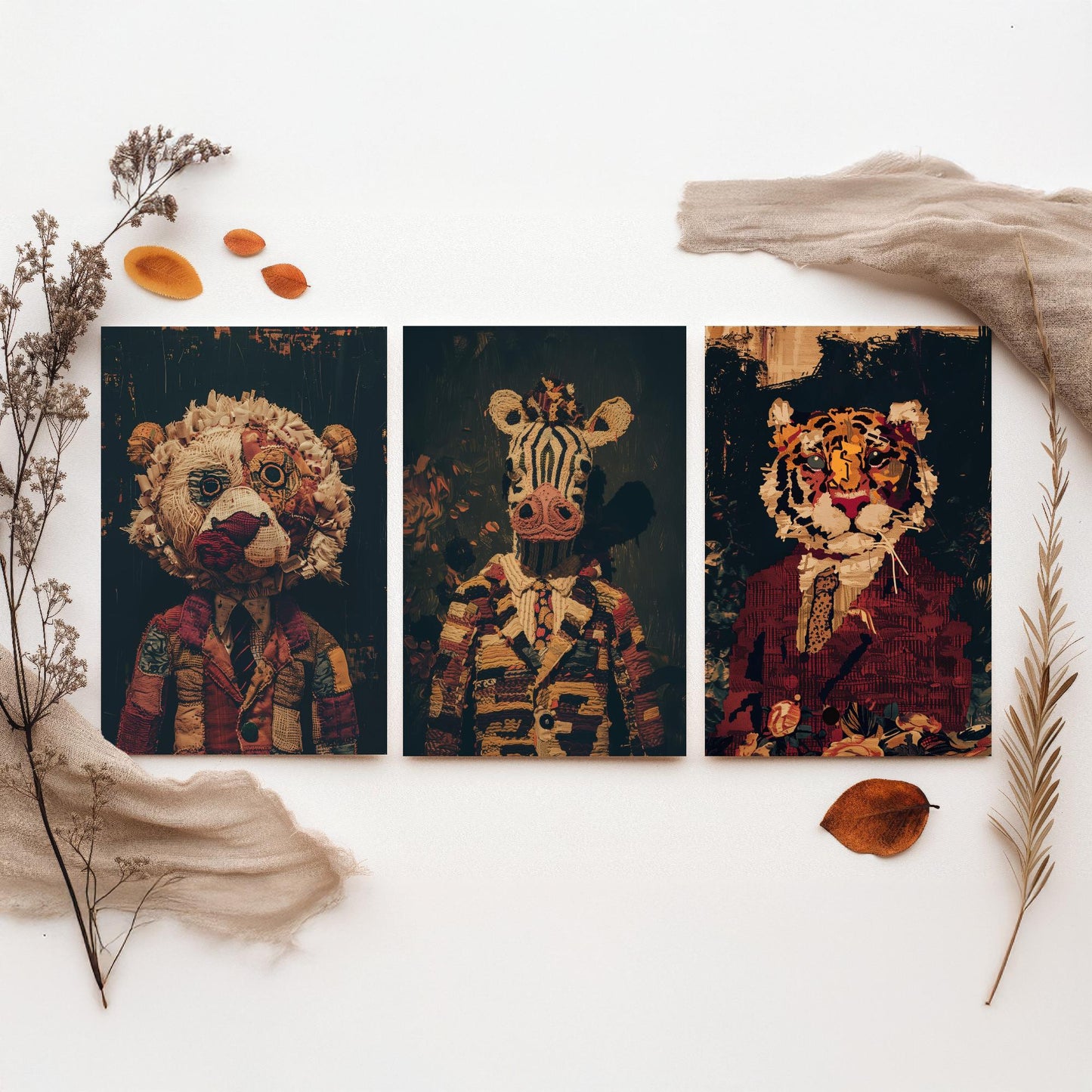 Patchwork Safari Animals Set of Three Art Prints - 3 Lion Zebra Tiger Posters - Nursery Wall Art Gift Textile Collage Illustration