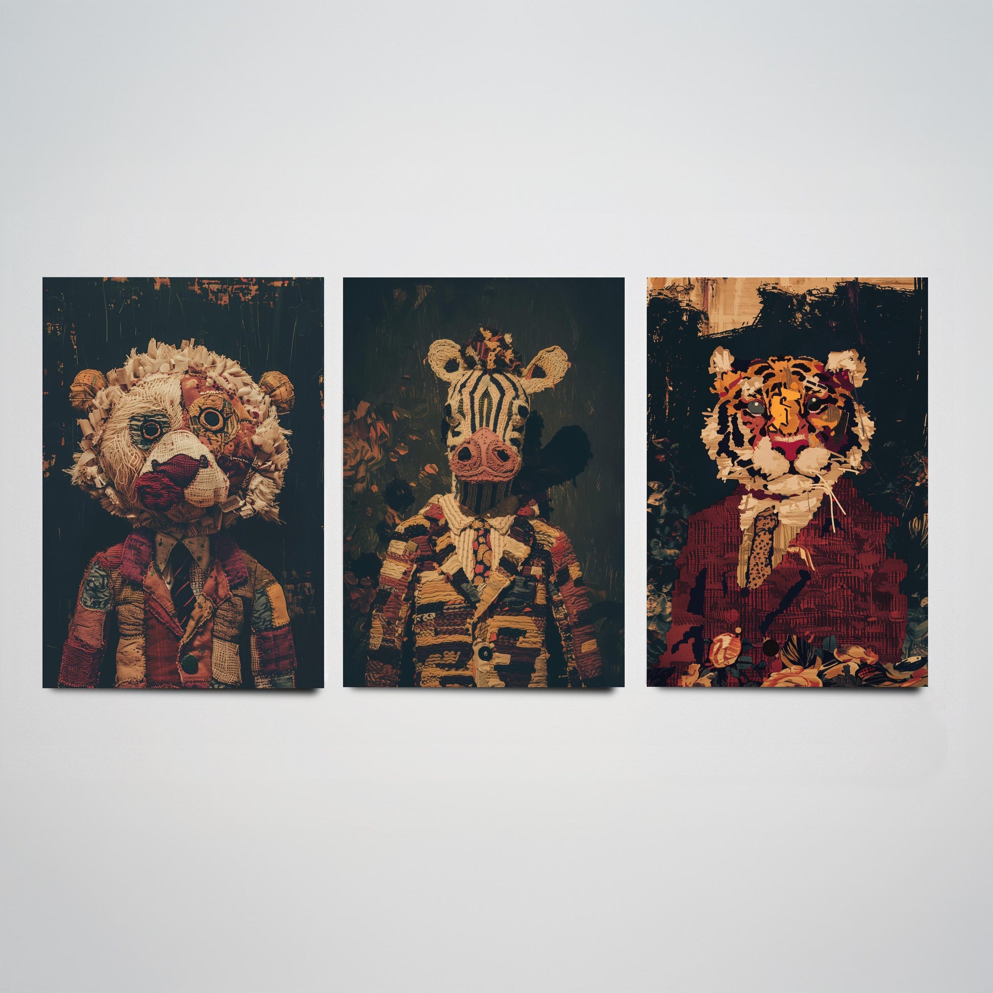 Patchwork Safari Animals Set of Three Art Prints - 3 Lion Zebra Tiger Posters - Nursery Wall Art Gift Textile Collage Illustration