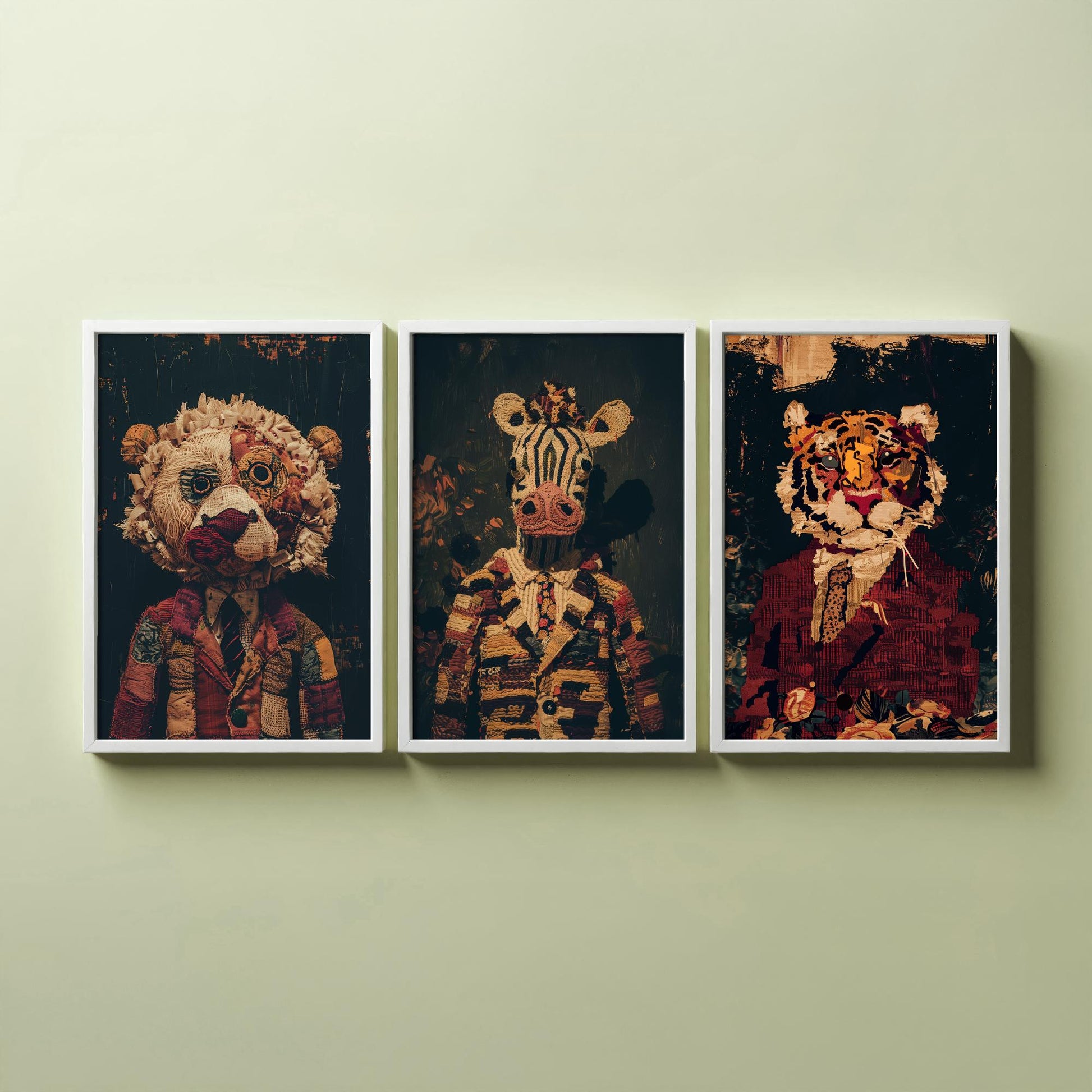 Patchwork Safari Animals Set of Three Art Prints - 3 Lion Zebra Tiger Posters - Nursery Wall Art Gift Textile Collage Illustration