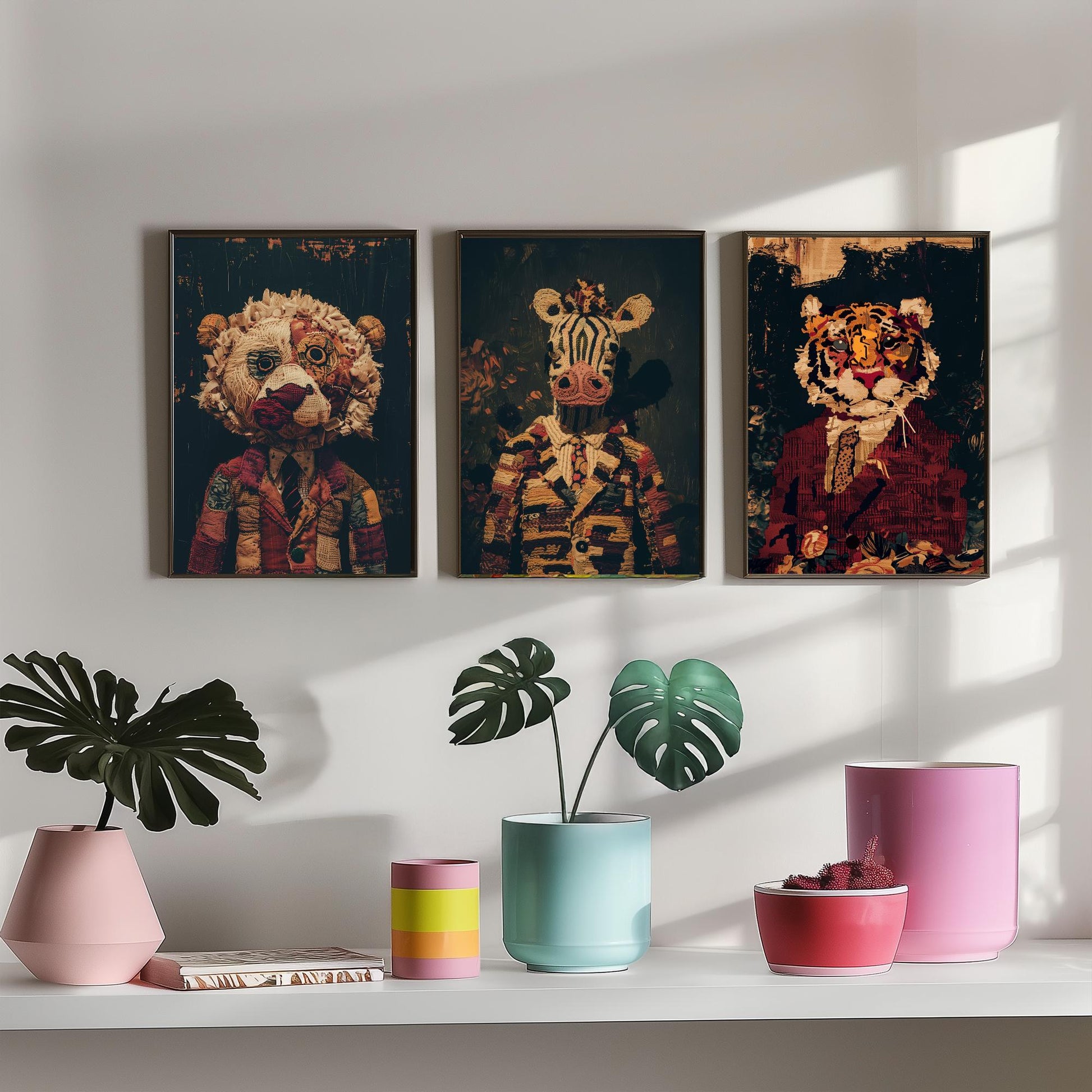 Patchwork Safari Animals Set of Three Art Prints - 3 Lion Zebra Tiger Posters - Nursery Wall Art Gift Textile Collage Illustration