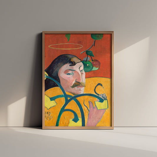 Paul Gauguin - Self-Portrait with Halo and Snake (1889) - Classic Painting Art Print - Red Yellow Symbolist Apples Portrait Poster