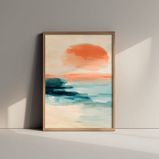 Abstract Seascape Art Print - Peach & Mint Sunset Poster - Coastal Illustration - Beach Wall Art 1/3