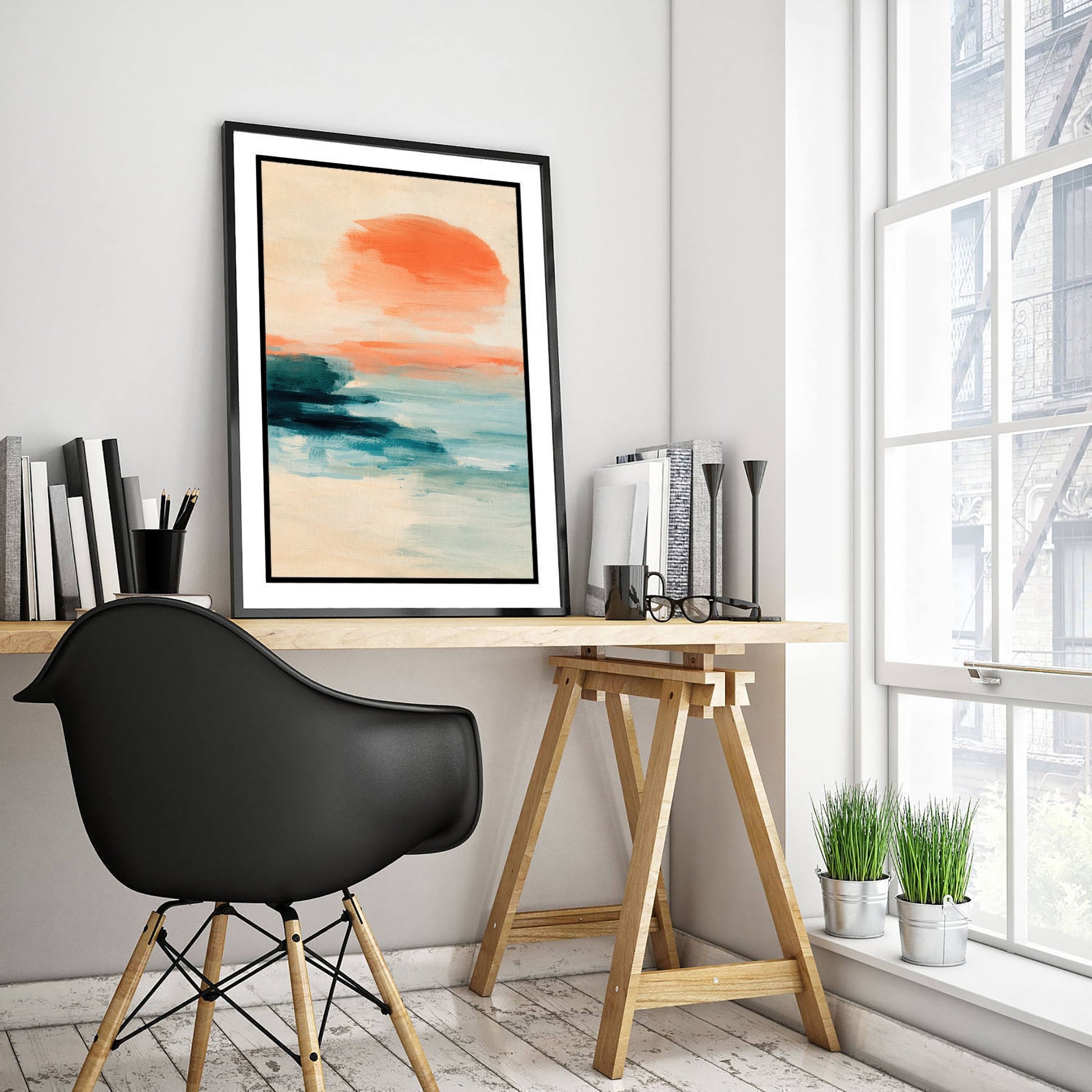 Abstract Seascape Art Print - Peach & Mint Sunset Poster - Coastal Illustration - Beach Wall Art 1/3